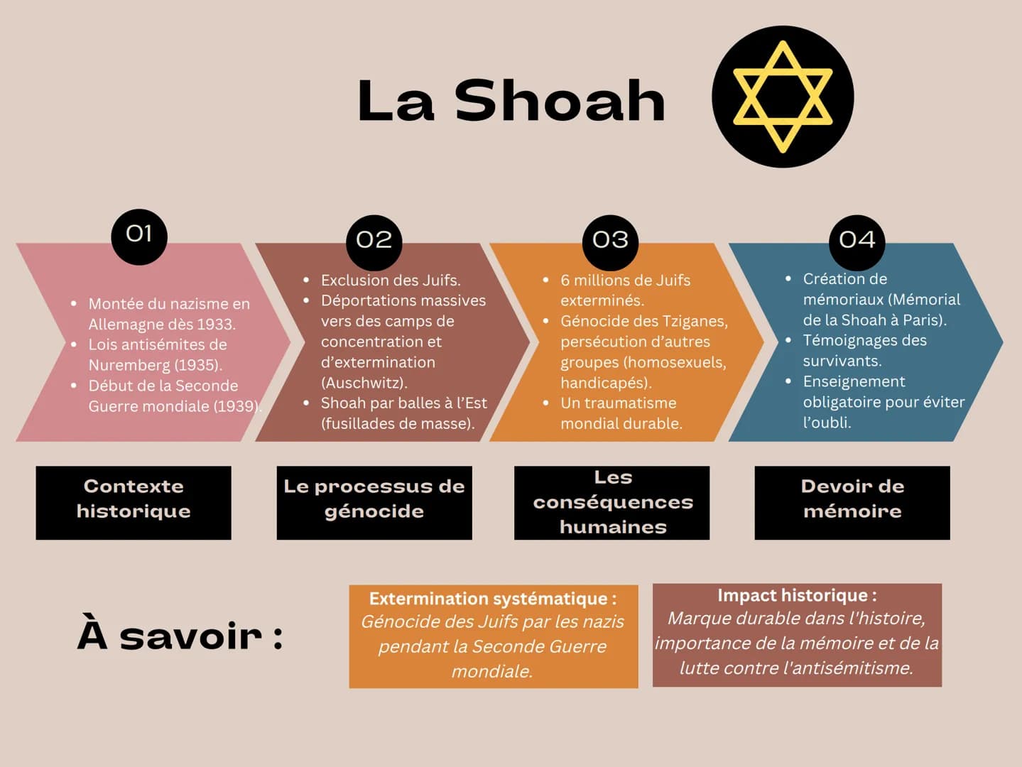 La Shoah
01
• Montée du nazisme en
Allemagne dès 1933.
• Lois antisémites de
Nuremberg (1935).
• Début de la Seconde
Guerre mondiale (1939).