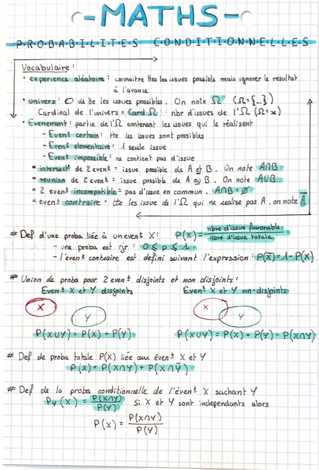 C-MATHS-
PROBABIL·I·T·ES CONDITIONNELLES
Vocabulaire:
• experience aléatoire connaitre Hes les issues possible mais ignorer le resultat
à l'