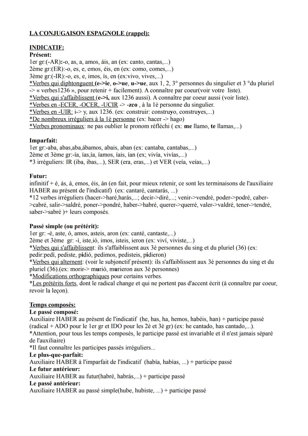 LA CONJUGAISON ESPAGNOLE (rappel):
INDICATIF:
Présent:
1er gr:(-AR):-o, as, a, amos, áis, an (ex: canto, cantas,...)
2ème gr:(ER):-o, es, e,