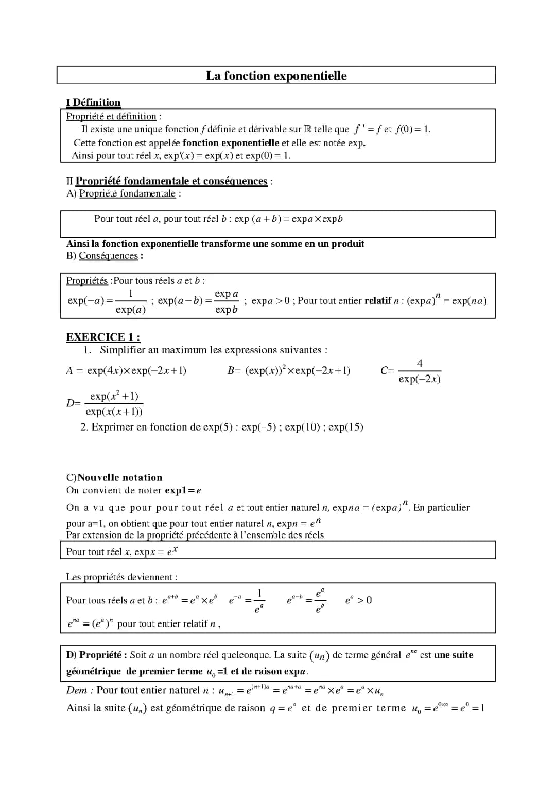 Fonction Exponentielle Cours PDF et Exercices Corrigés pour la Terminale