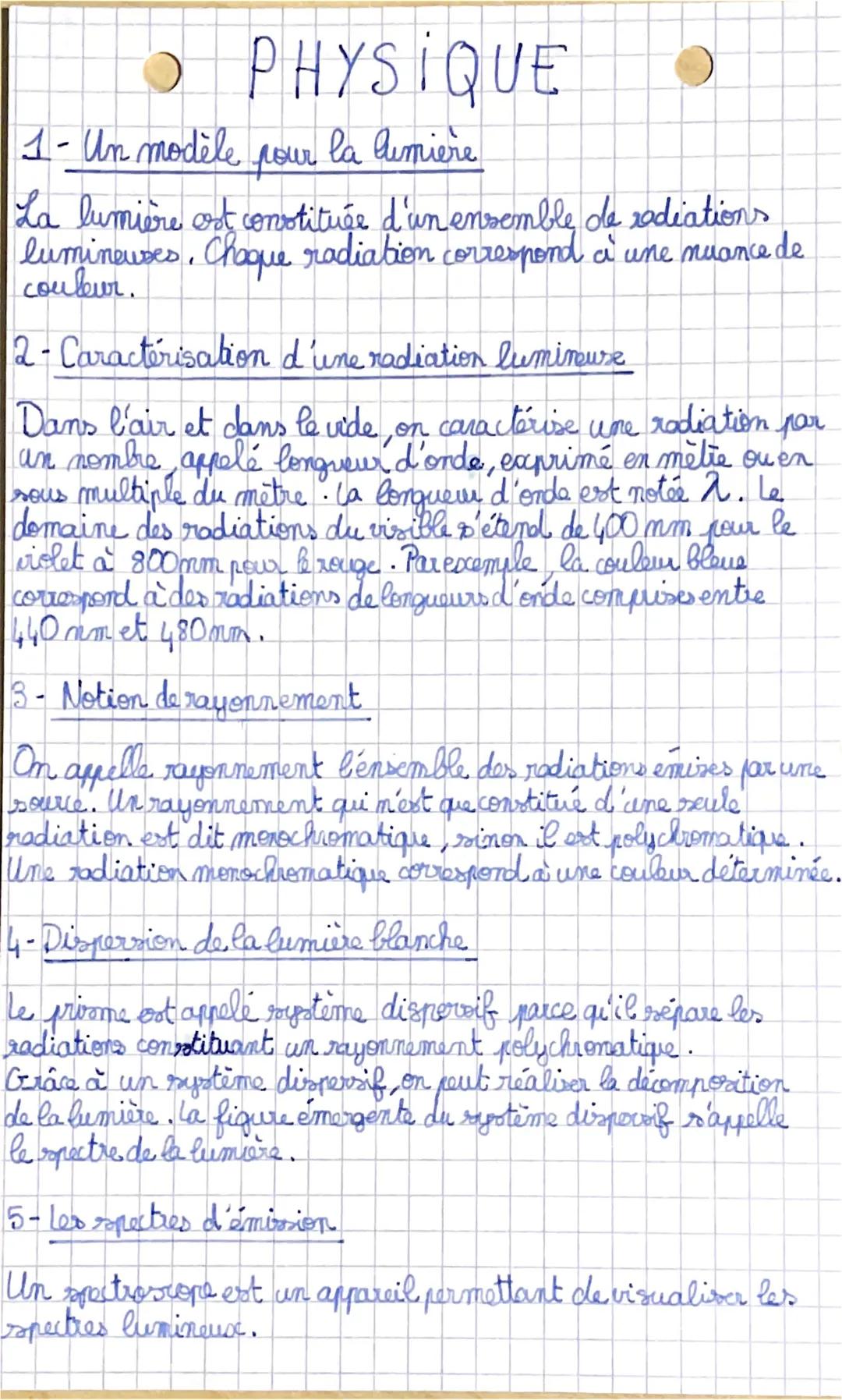 # PHYSIQUE

1- Un modèle pour la lumière

La lumière ost constituée d'un ensemble de radiations
lumineuses, Choque radiation correspond à un