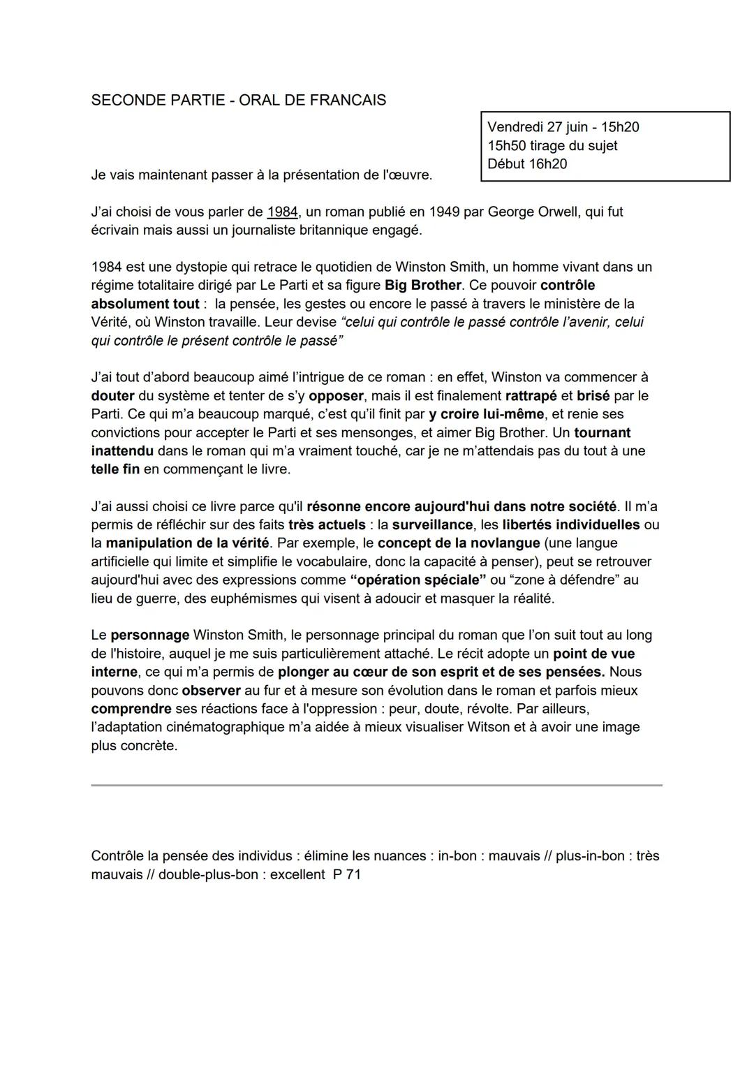 SECONDE PARTIE - ORAL DE FRANCAIS
Je vais maintenant passer à la présentation de l'œuvre.
Vendredi 27 juin - 15h20
15h50 tirage du sujet
Déb