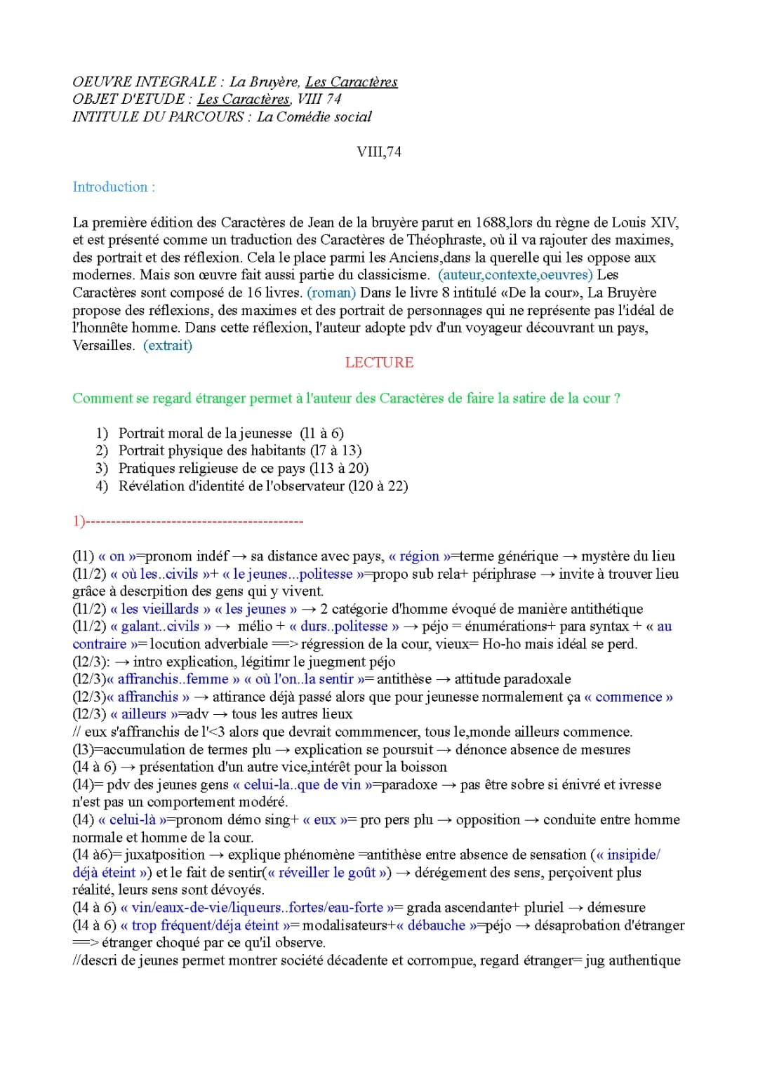 Remarque 74 La Bruyère Analyse linéaire: Les Caractères Livre 8 PDF