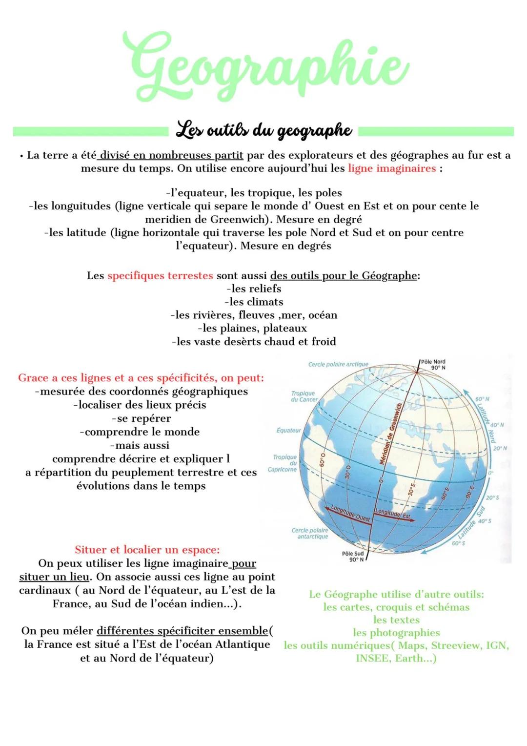 Geographie
Les outils du geographe
• La terre a été divisé en nombreuses partit par des explorateurs et des géographes au fur est a
mesure d