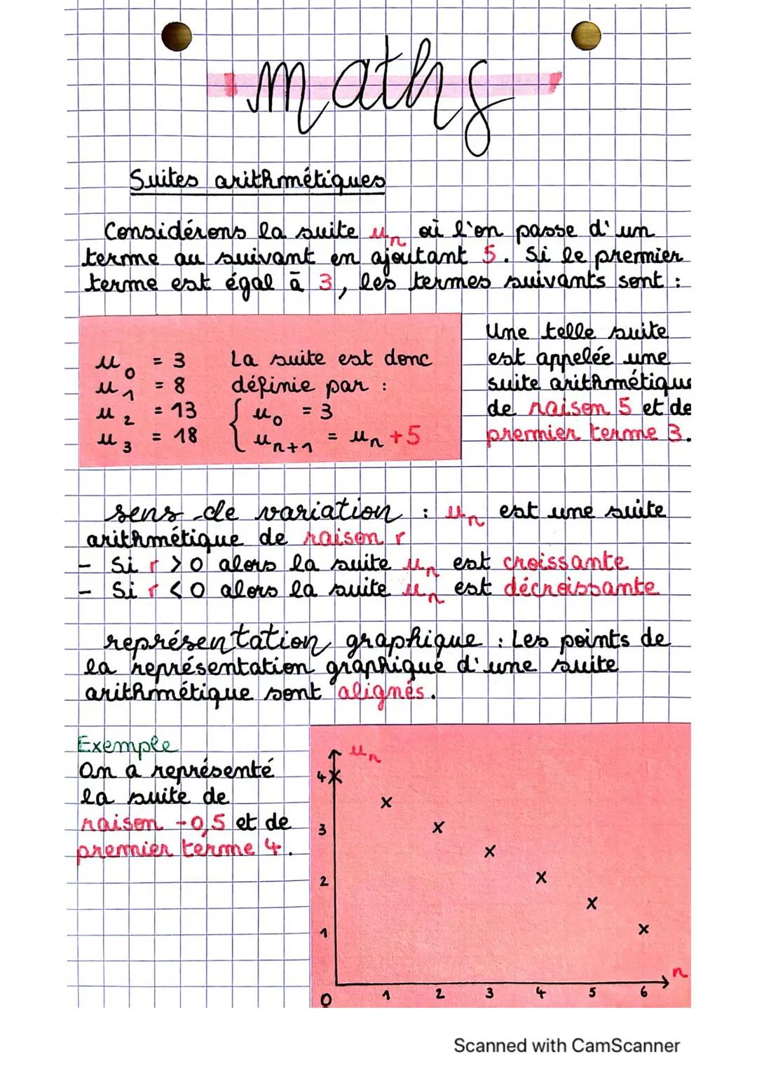 # maths

Suites arithmétiques

Considérons la suite $u_n$ où l'on passe d'un
terme au suivant en ajoutant 5. Si le premier
terme est égal à 
