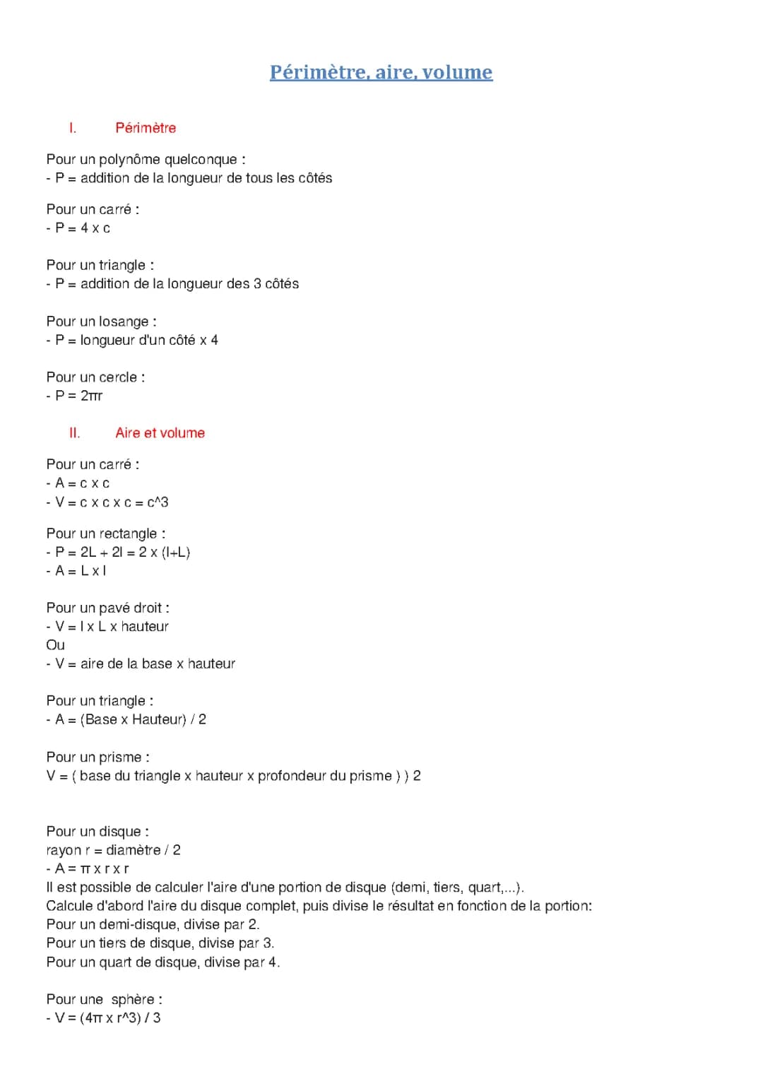 Périmètre, aire, volume 