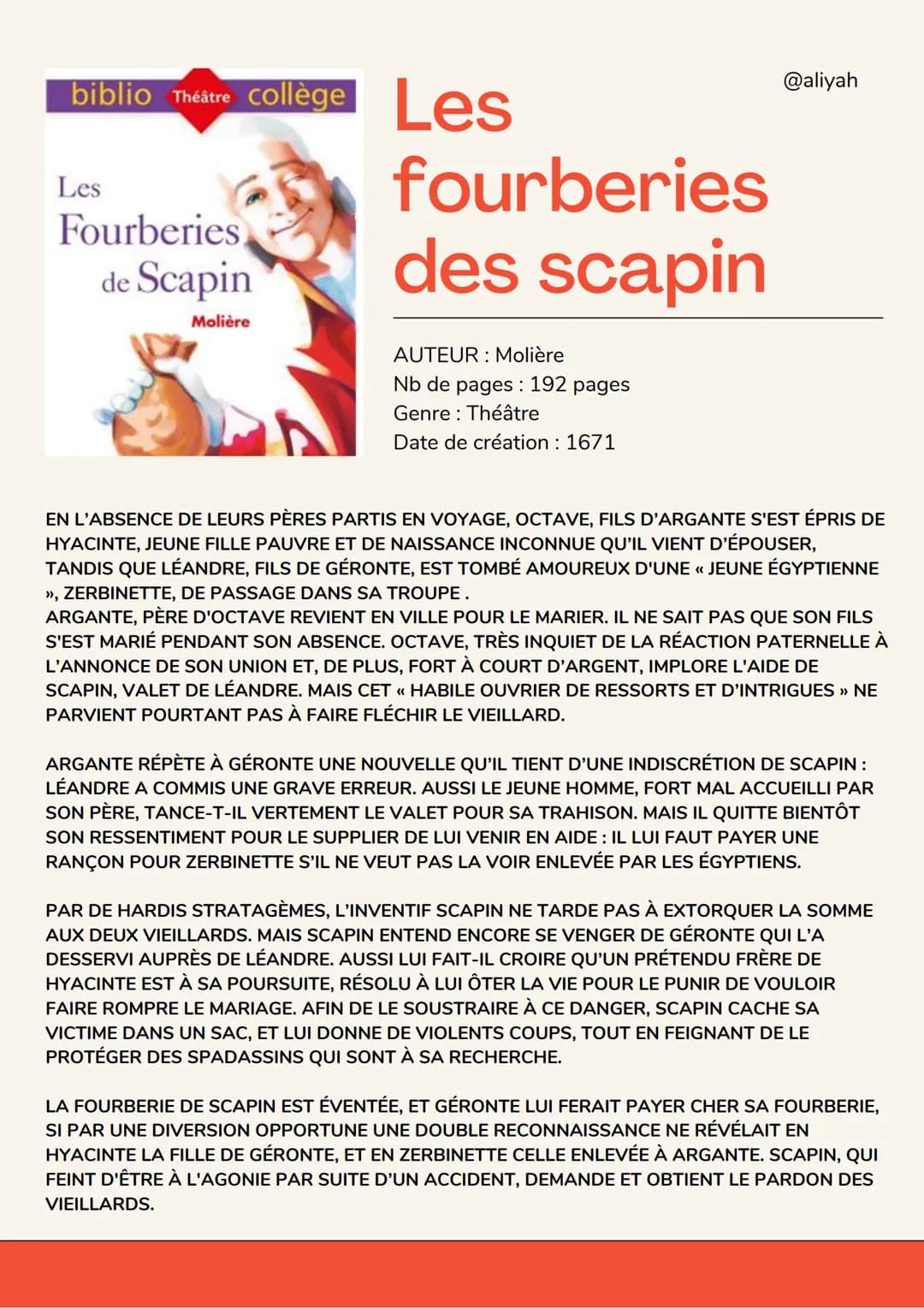 biblio Théâtre collège Les
Les
Fourberies,
de Scapin
Molière
fourberies
des scapin
AUTEUR : Molière
Nb de pages: 192 pages
Genre : Théâtre
D