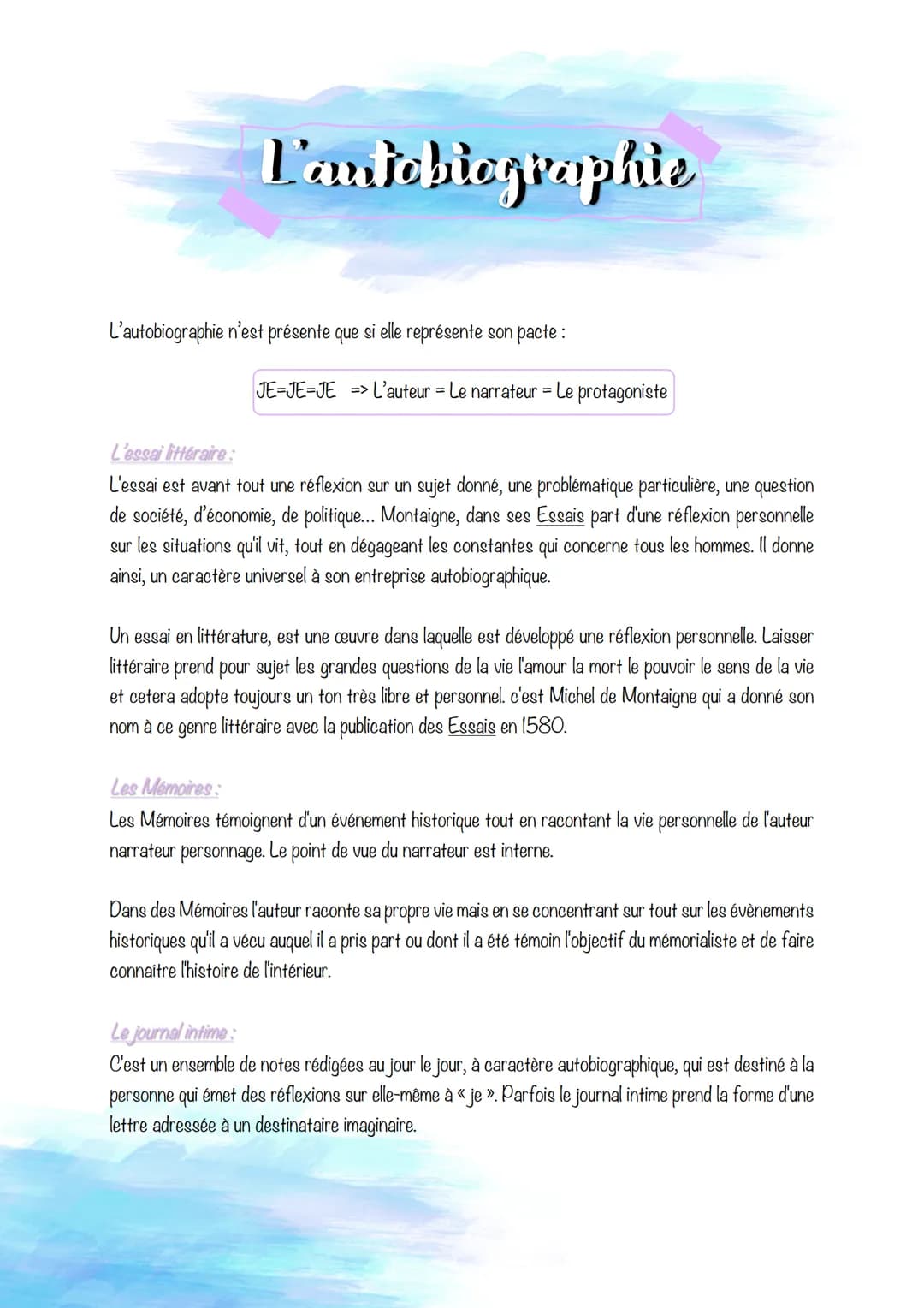 L'autobiographie
L'autobiographie n'est présente que si elle représente son pacte :
JE-JE-JE=> L'auteur = Le narrateur = Le protagoniste
L'e