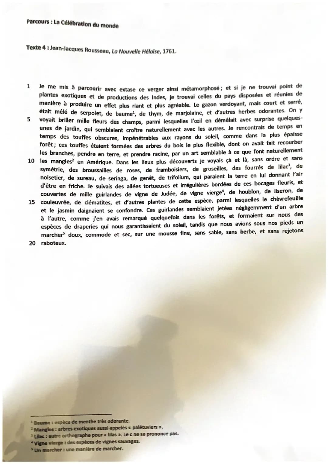 Parcours : La Célébration du monde
Texte 4:Jean-Jacques Rousseau, La Nouvelle Héloise, 1761.
1
Je me mis à parcourir avec extase ce verger a