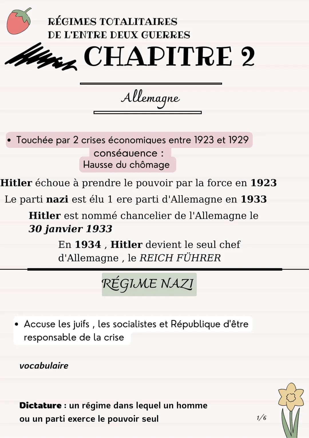 RÉGIMES TOTALITAIRES
DE L'ENTRE DEUX GUERRES
CHAPITRE 2
Allemagne
• Touchée par 2 crises économiques entre 1923 et 1929
conséquence :
Hausse