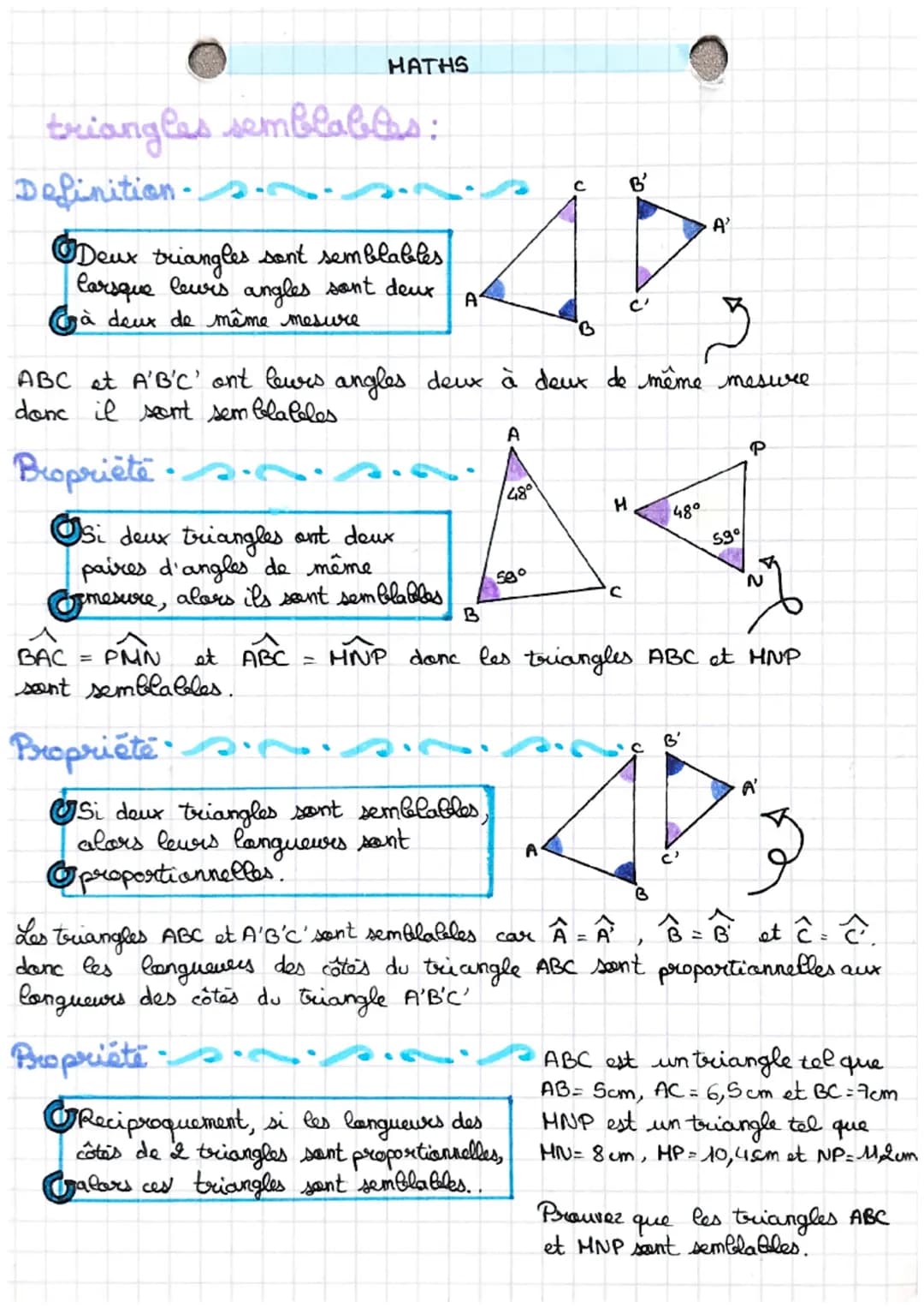 MATHS
triangles semblables:
Definition-
Deux triangles sont semblables
Carsque leurs angles sont deux
Gà deux de même mesure
Bropriété
A
Si 