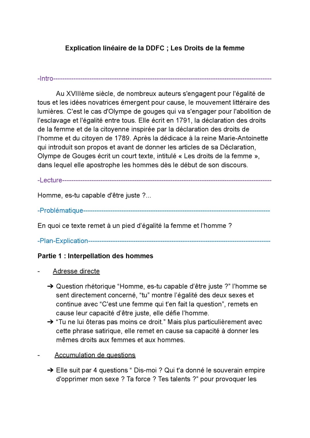 Explication linéaire de la DDFC ; Les droits de la femme | Bac de Français