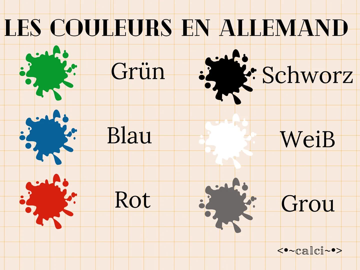 LES COULEURS EN ALLEMAND
Grün
Blau
Rot
Schworz
WeiB
Grou
<•~calci~•> LES COULEURS EN ALLEMAND
Gelb
Rosa
Violett
Broun
Orange
<•~calci~•>
