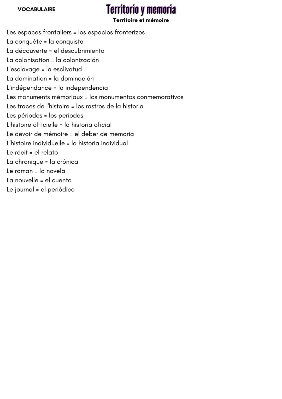 VOCABULAIRE
Territorio y memoria
Territoire et mémoire
Les espaces frontaliers = los espacios fronterizos
La conquête = la conquista
La déco
