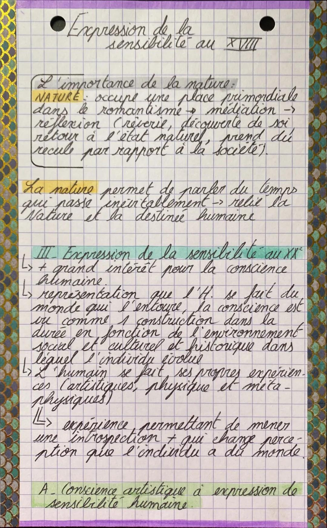 Expression de la
sensibilité au XVIII
L'importance de la nature.
NATURE: occupe une place primordiale
dans le romantisme - médiation ->
réfl