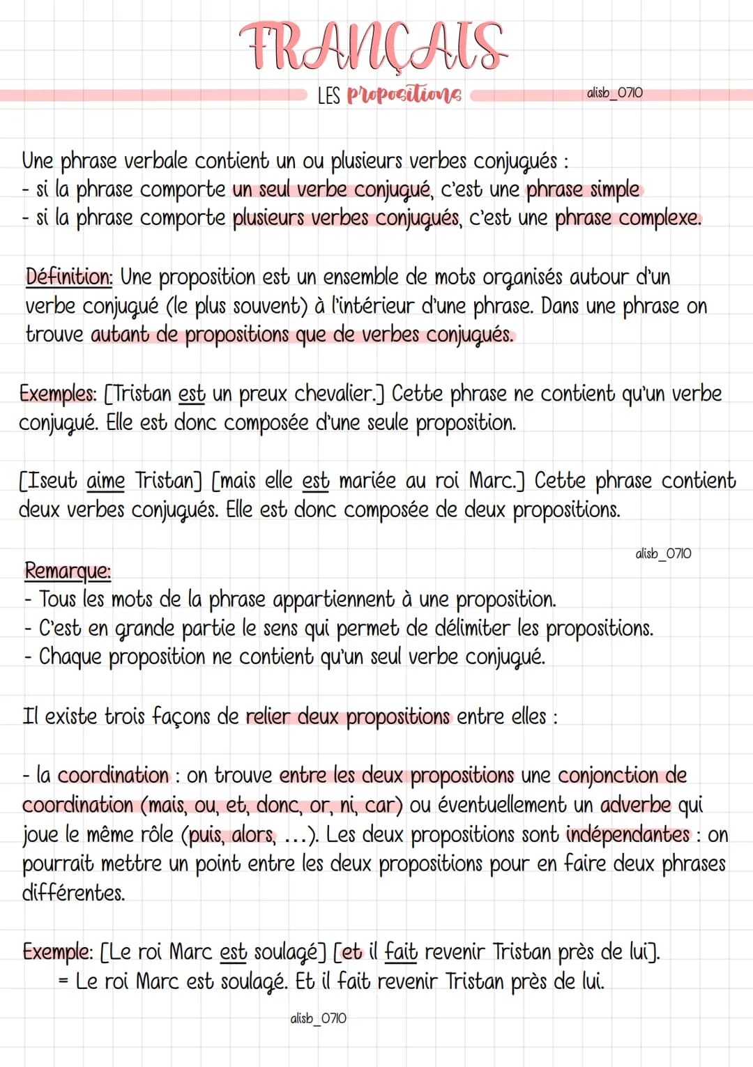 FRANÇAIS
LES Propositions
alisb_0710
Une phrase verbale contient un ou plusieurs verbes conjugués :
si la phrase comporte un seul verbe conj