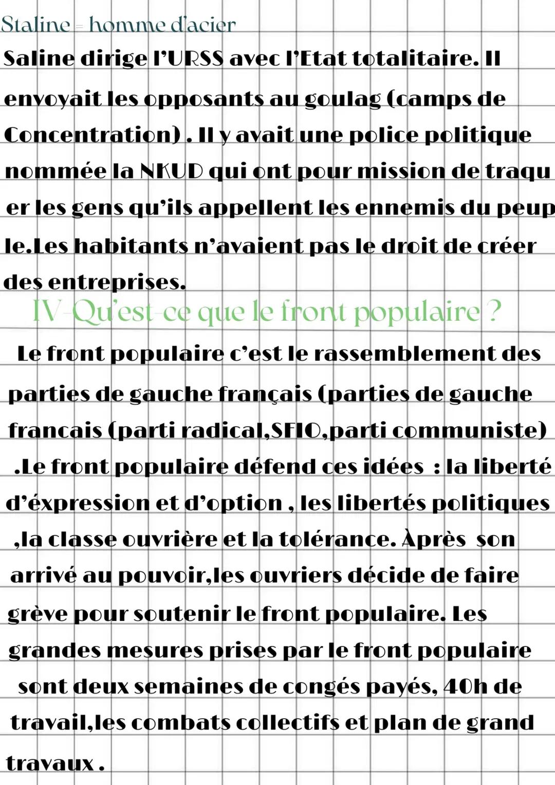 Staline homme d'acier
Saline dirige l'URSS avec l'Etat totalitaire. Il
envoyait les opposants au goulag (camps de
Concentration). Il y avait