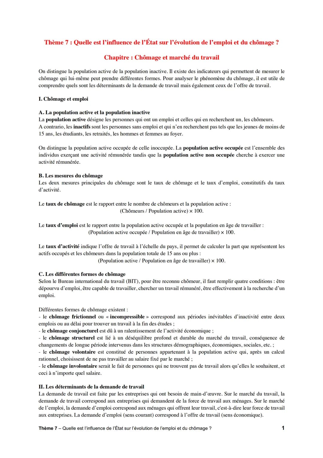 Thème 7 : Quelle est l'influence de l'État sur l'évolution de l'emploi et du chômage ?
Chapitre : Chômage et marché du travail
On distingue 