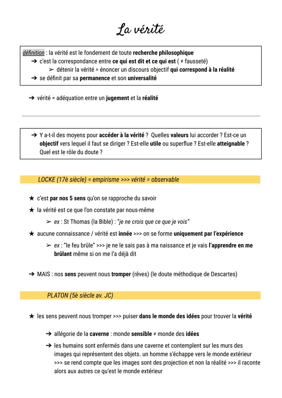 La vérité
définition: la vérité est le fondement de toute recherche philosophique
→ c'est la correspondance entre ce qui est dit et ce qui e