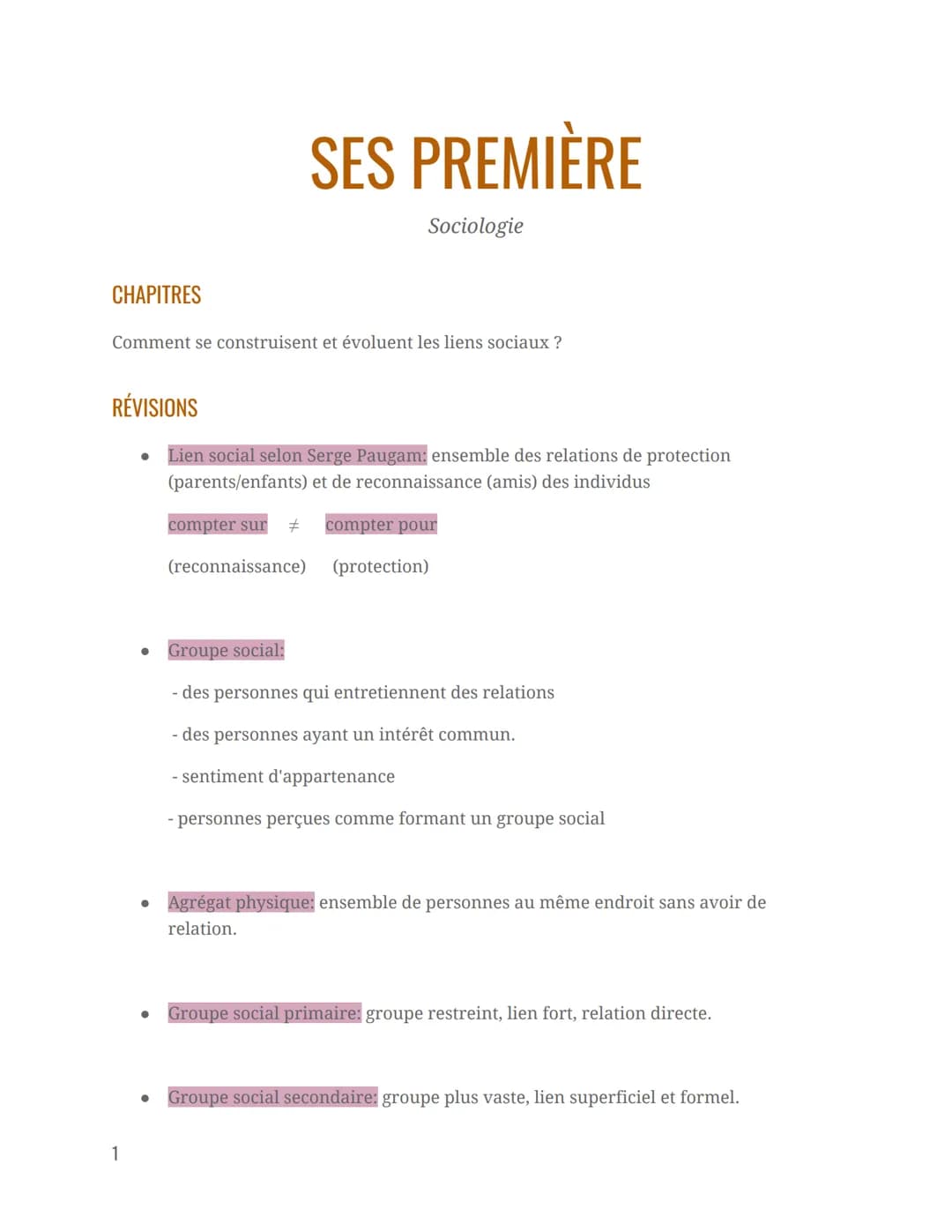 CHAPITRES
SES PREMIÈRE
Comment se construisent et évoluent les liens sociaux ?
1
Sociologie
RÉVISIONS
● Lien social selon Serge Paugam: ense