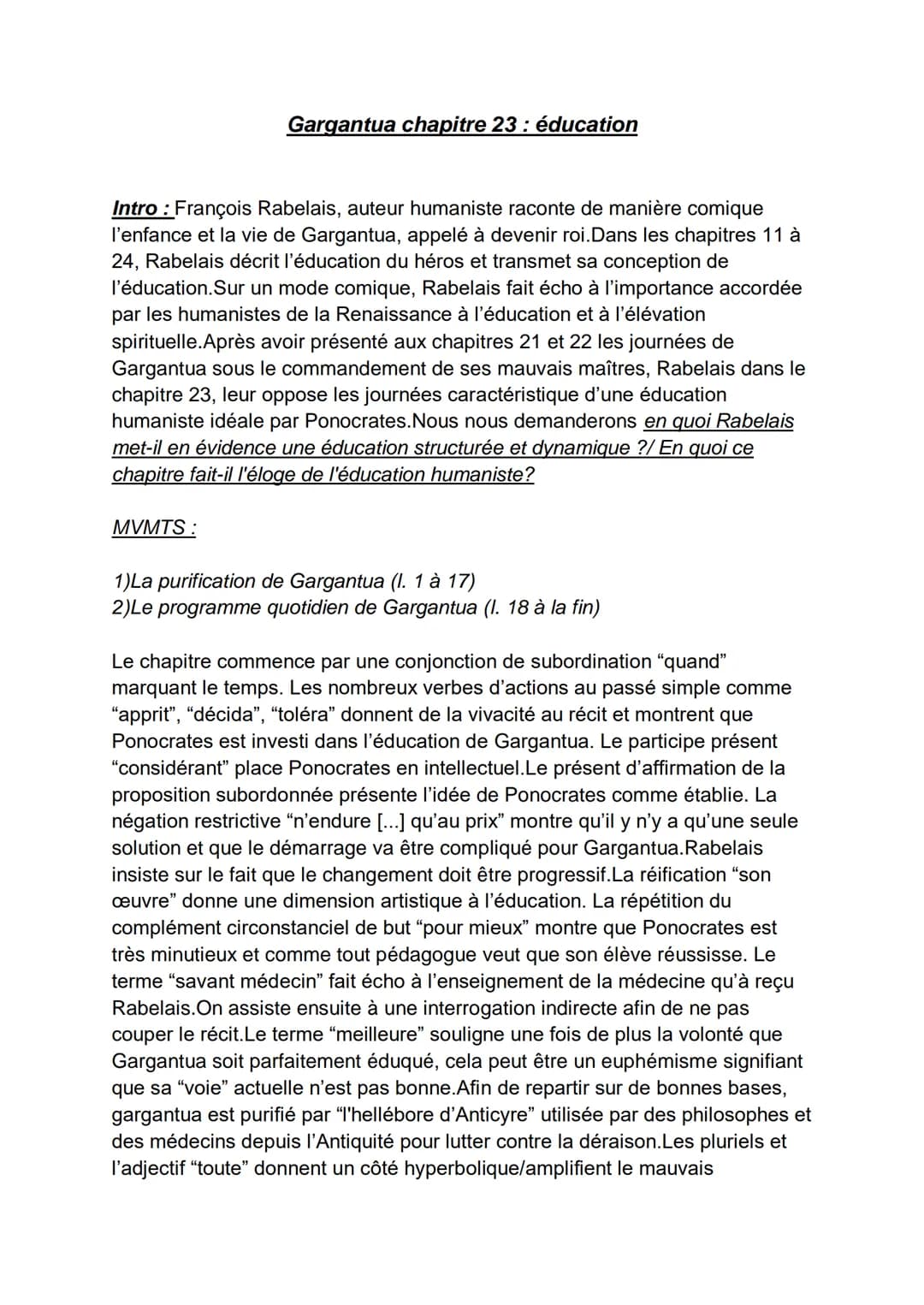 Gargantua chapitre 23: éducation
Intro : François Rabelais, auteur humaniste raconte de manière comique
l'enfance et la vie de Gargantua, ap