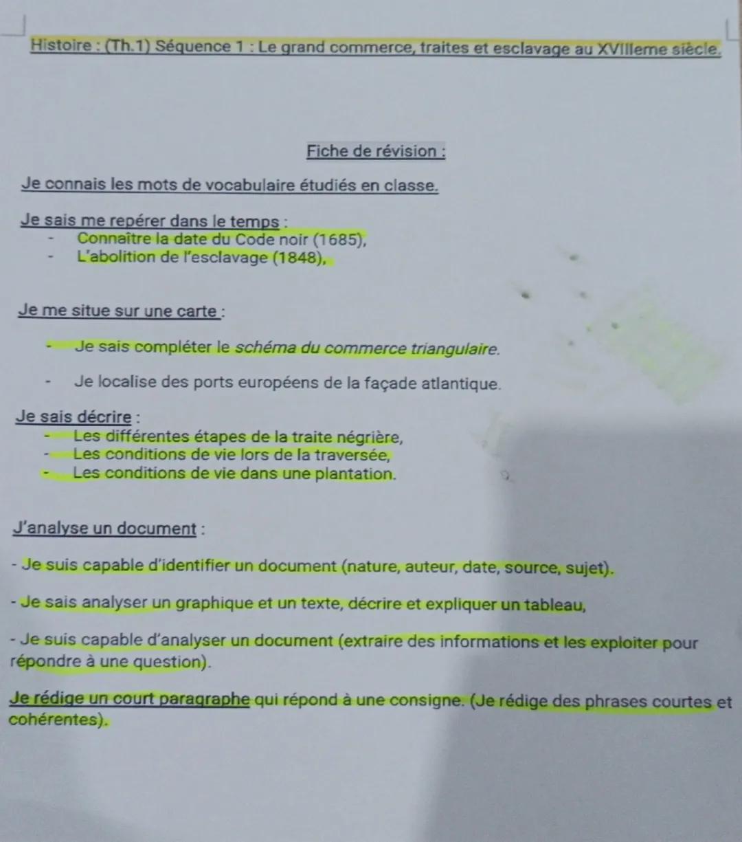 L
Histoire: (Th.1) Séquence 1: Le grand commerce, traites et esclavage au XVIlleme siècle.
Fiche de révision:
Je connais les mots de vocabul