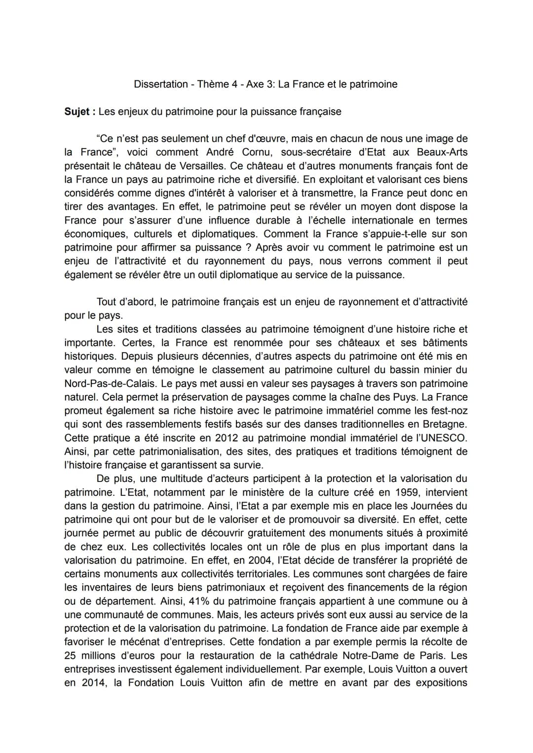 Dissertation - Thème 4 - Axe 3: La France et le patrimoine
Sujet : Les enjeux du patrimoine pour la puissance française
"Ce n'est pas seulem