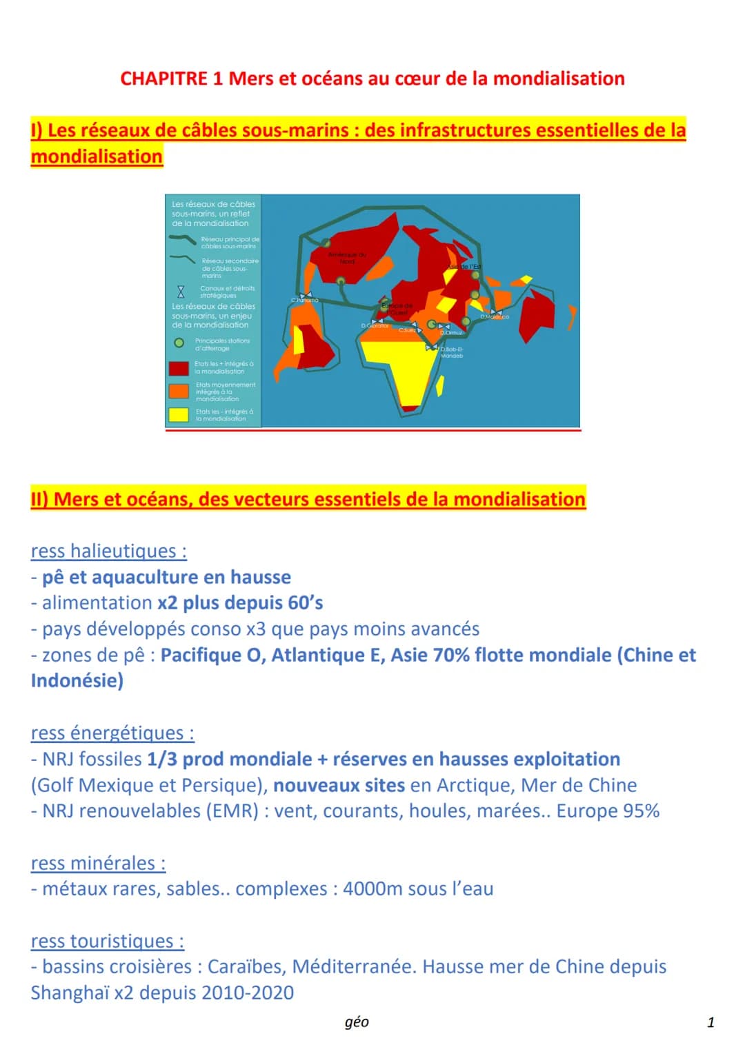CHAPITRE 1 Mers et océans au cœur de la mondialisation
1) Les réseaux de câbles sous-marins : des infrastructures essentielles de la
mondial