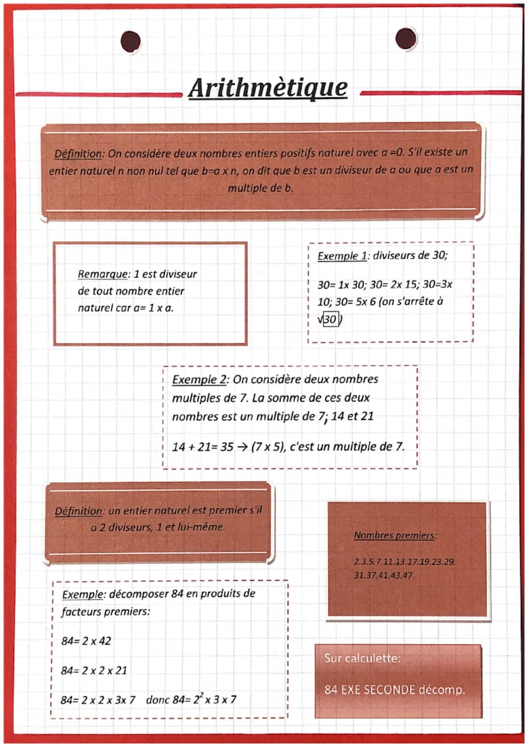 Arithmètique
Définition: On considère deux nombres entiers positifs naturel avec a =0. S'il existe un
entier naturel n non nul tel que b=ax 
