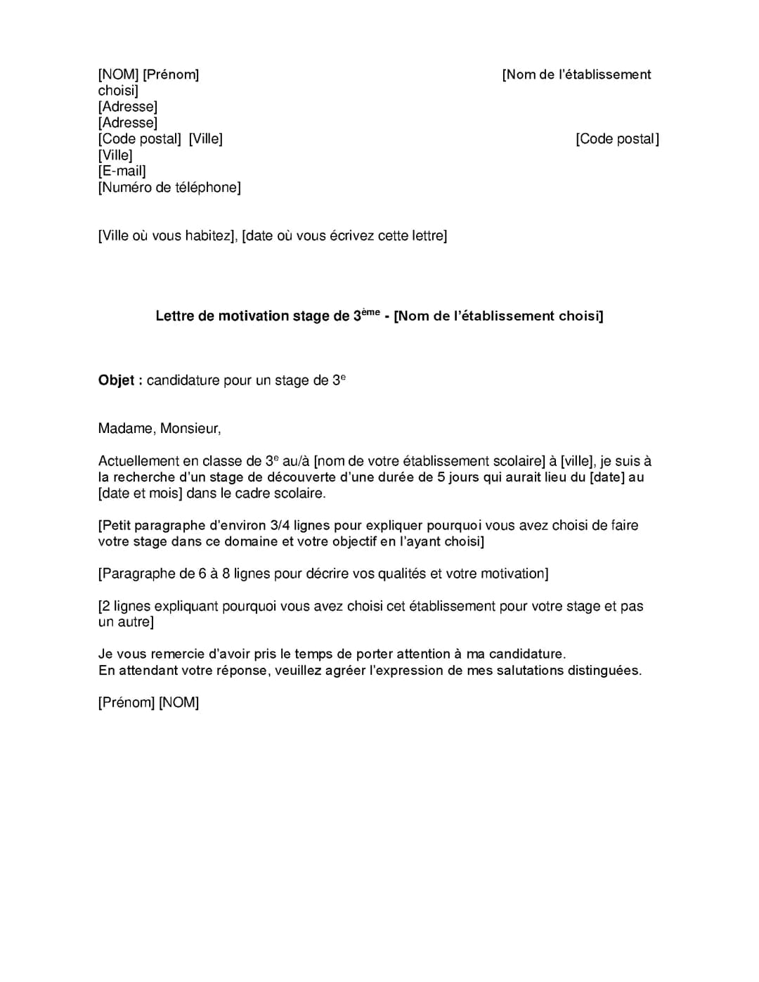 Modèle lettre de motivation - Stage de 3e