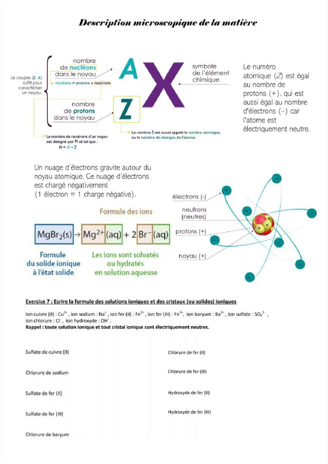 description microscopique de la matière + exercices 