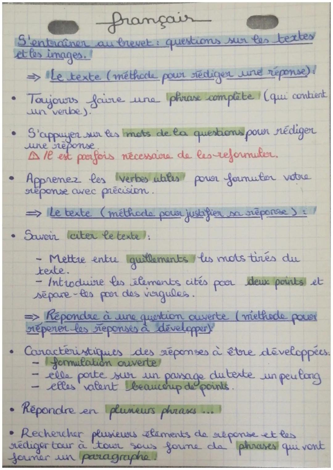 # français

S'entraîner au brevet: questions sur les textes
et les images.

⇒ Le texte (méthode pour rédiger une réponse)!

- Toujours faire