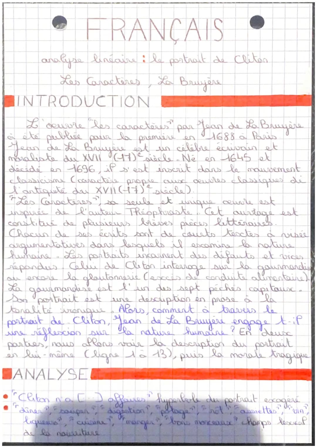 FRANÇAIS
analyse linéaire : le portrait de Clites
La Bruyère
Les Caracteres
INTRODUCTION
L'oeuvre les caractères" par Jean de La Bruyère
c e