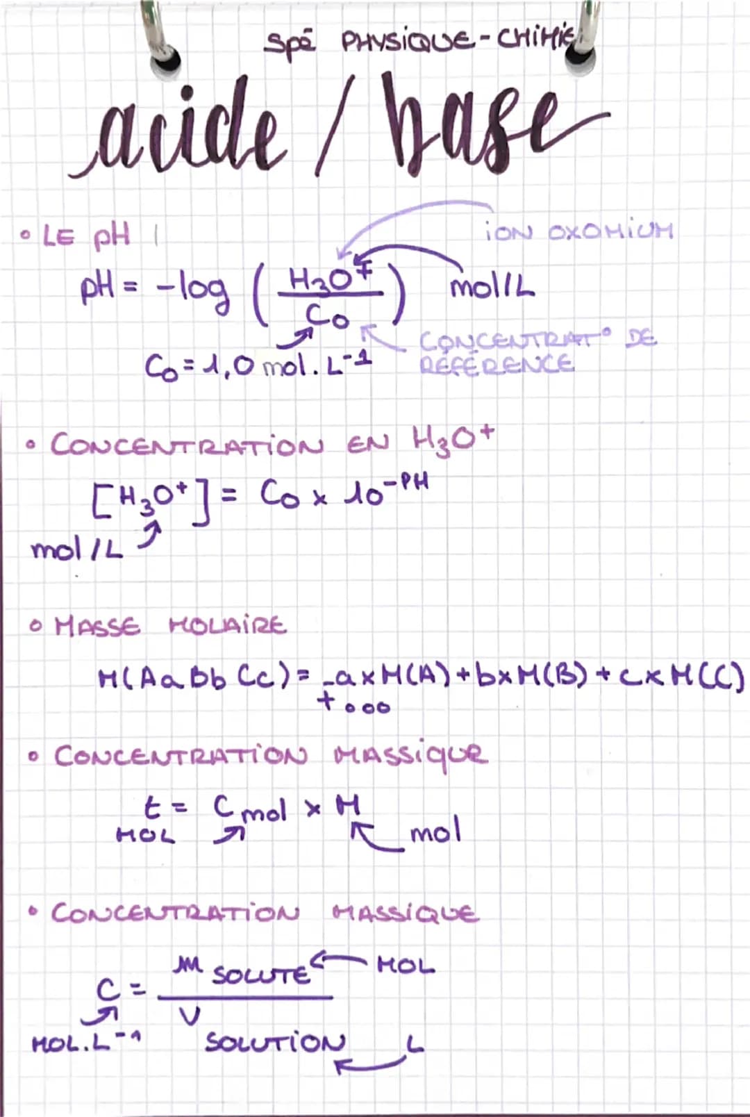 9
Spé PHYSIQUE-CHIHI
acide/base
LE PHI
iON OXOMIUM
pH = -log (120
A
Co= 1,0 mol. 4-1
mollL
CONCENTRAT DE
REFERENCE
CONCENTRATION EN H₂O+
[H3