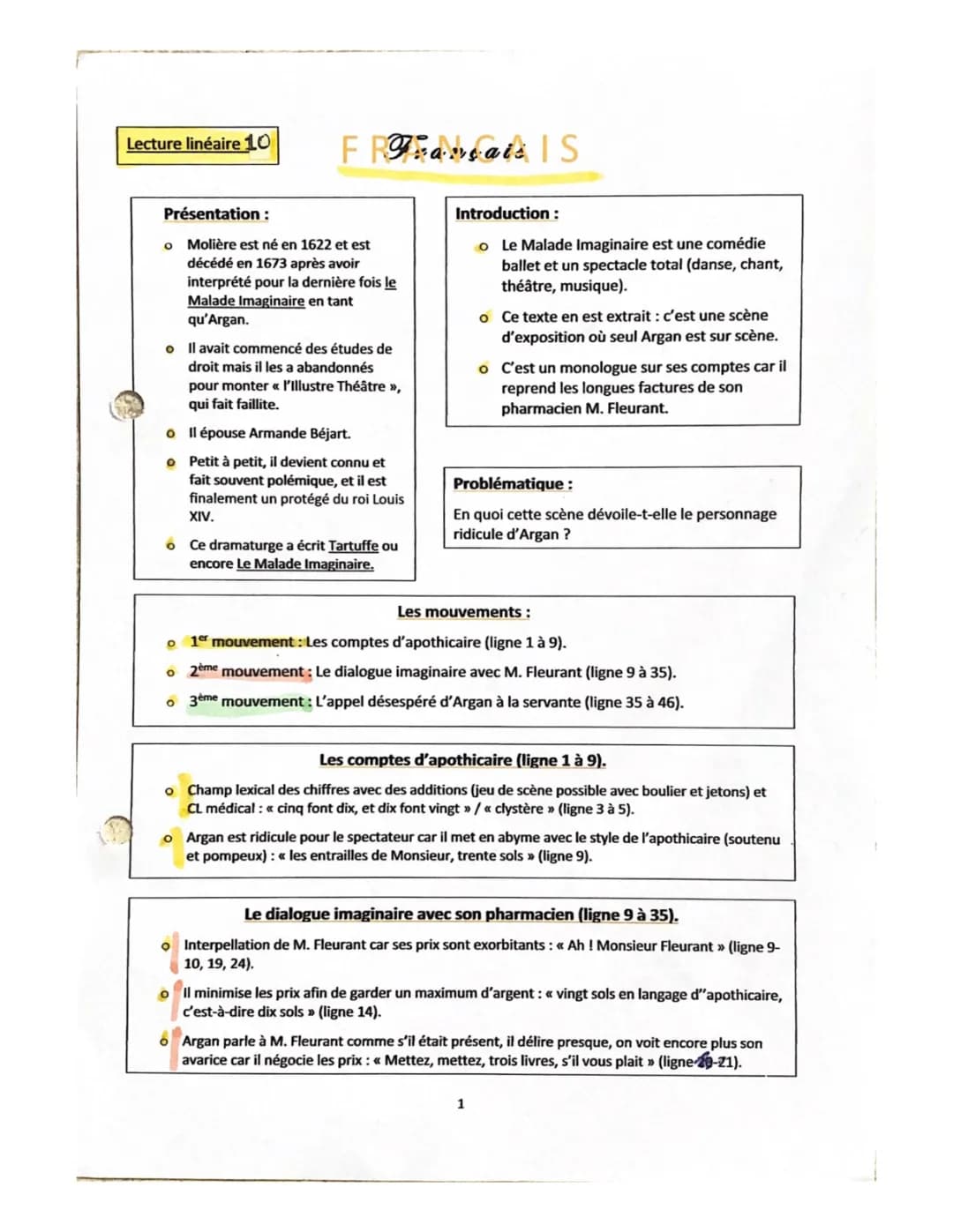 Le Malade Imaginaire : Lecture linéaire Acte 3 Scène 3 et Acte 1 Scène 1 Analyse PDF