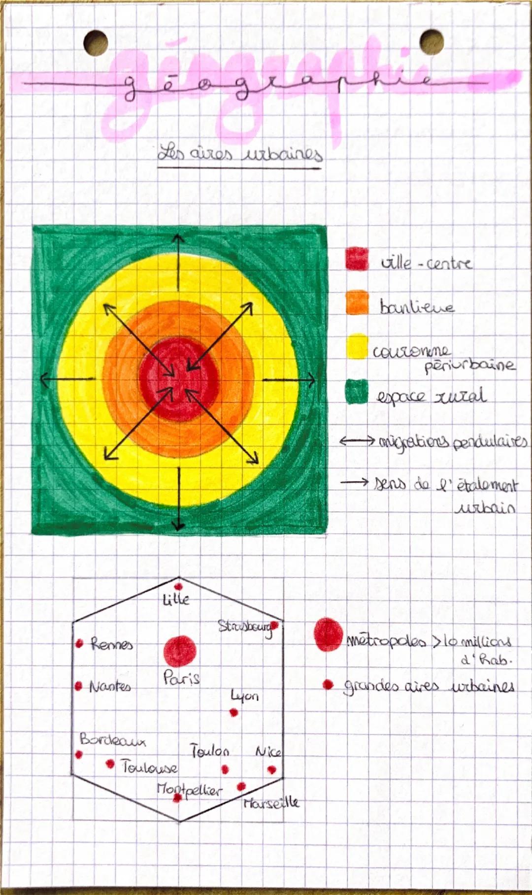 # géographie

Les aires urbaines.

ville-centre

banlieue

couronne
periurbaine

espace xural

migrations pendulaires

→ sens de l'étalement
