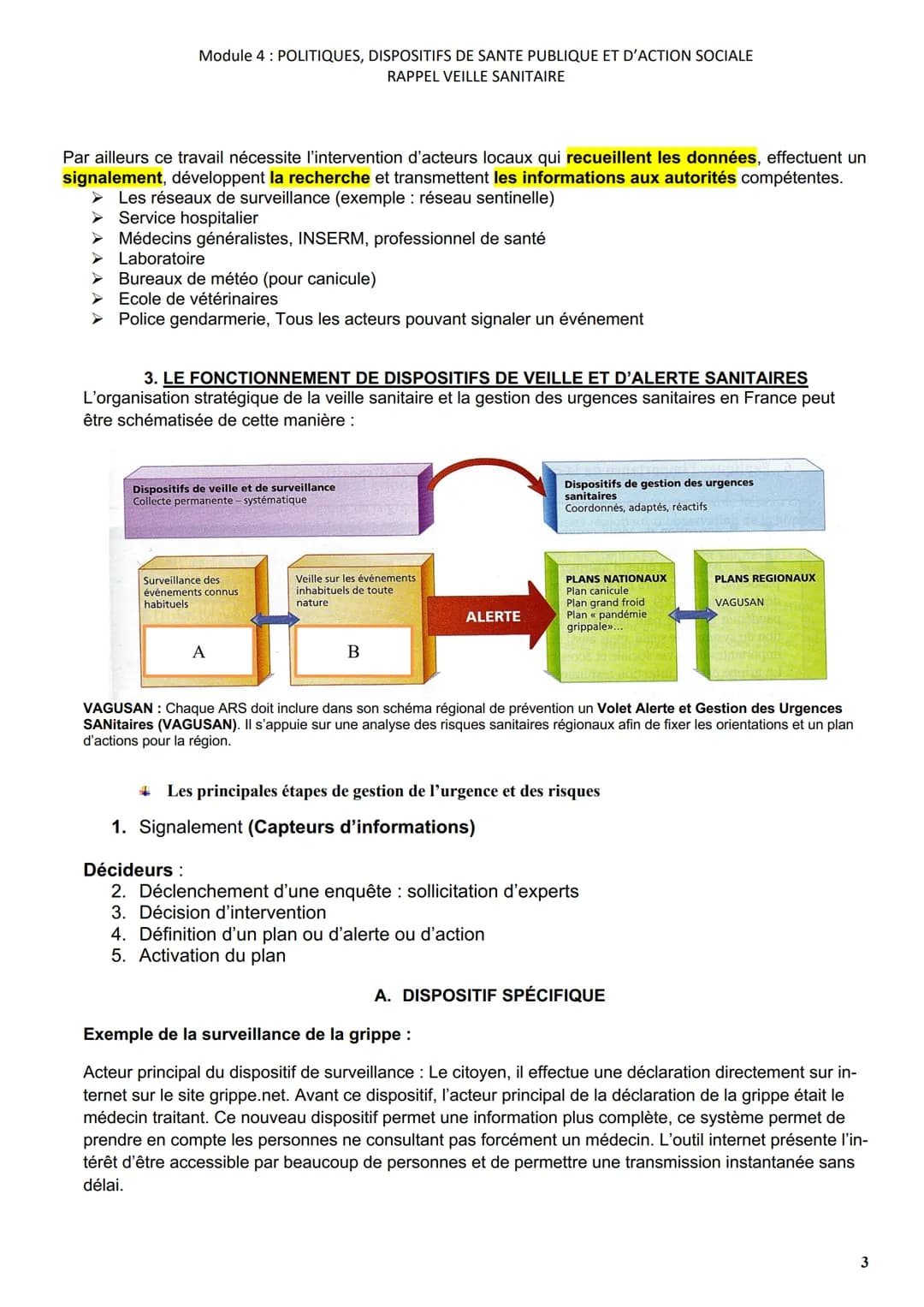 Module 4: POLITIQUES, DISPOSITIFS DE SANTE PUBLIQUE ET D'ACTION SOCIALE
RAPPEL VEILLE SANITAIRE
SYNTHESE DE COURS
1. NECESSITE DE METTRE EN 
