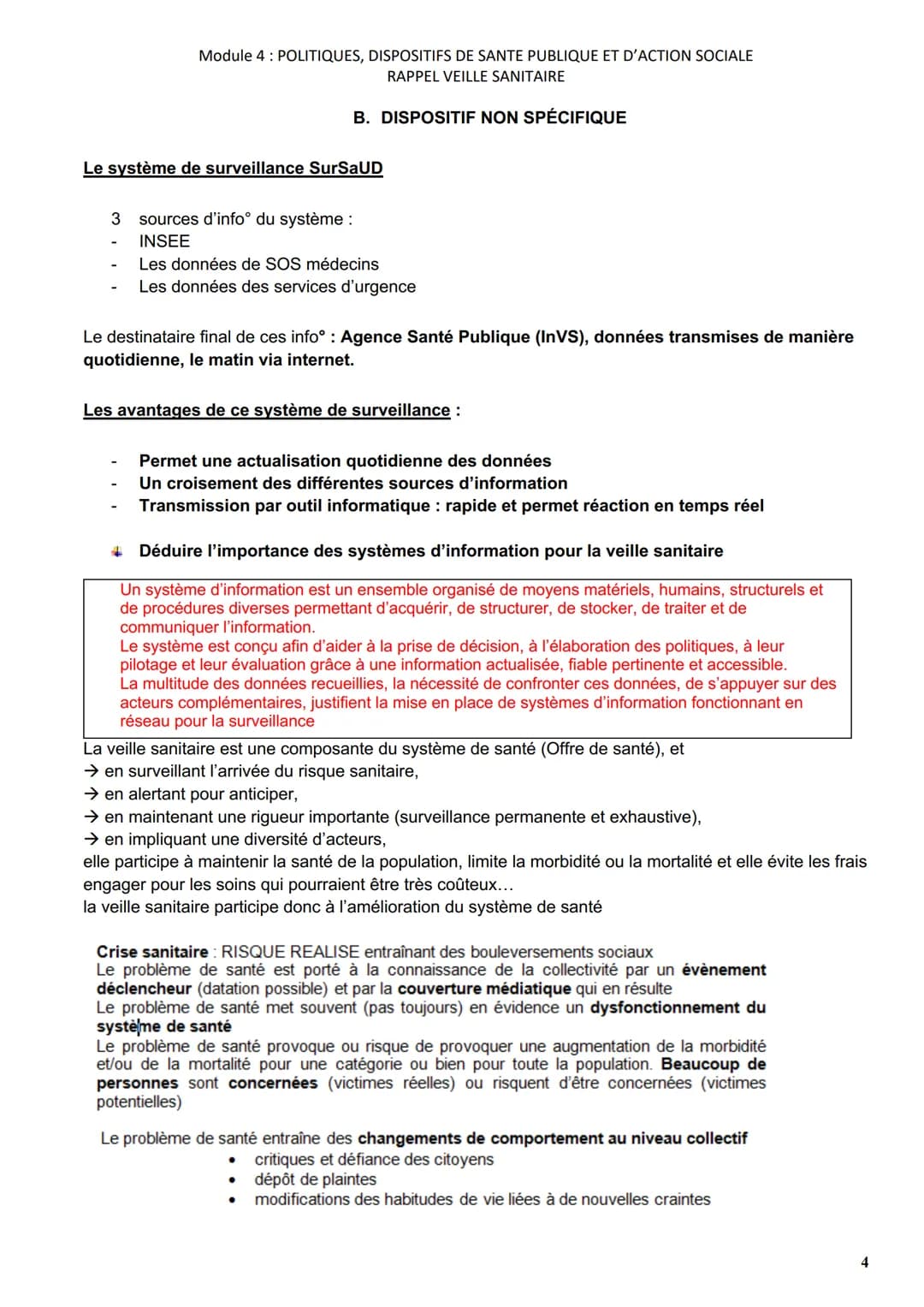 Module 4: POLITIQUES, DISPOSITIFS DE SANTE PUBLIQUE ET D'ACTION SOCIALE
RAPPEL VEILLE SANITAIRE
SYNTHESE DE COURS
1. NECESSITE DE METTRE EN 