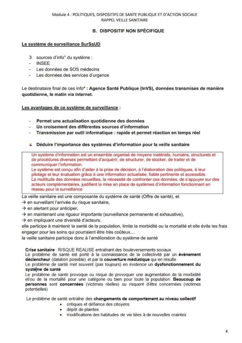 Module 4: POLITIQUES, DISPOSITIFS DE SANTE PUBLIQUE ET D'ACTION SOCIALE
RAPPEL VEILLE SANITAIRE
SYNTHESE DE COURS
1. NECESSITE DE METTRE EN 