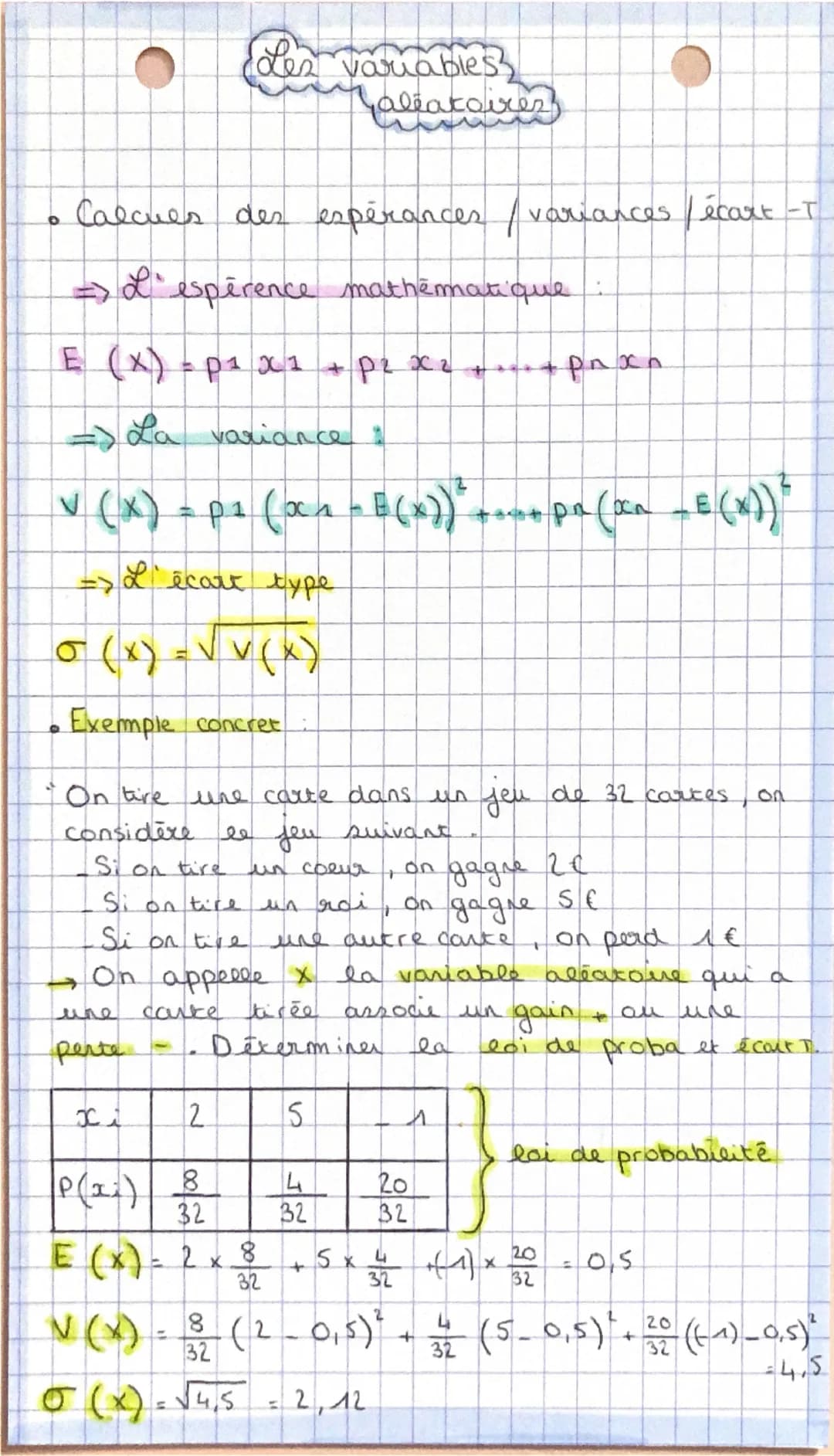 coles variables
Caléatoires
• Calcues des espérances / ve ariances
=>L'espèrence mathématique
Lécart -T
E (x)
p1x1 + p² x
pax
ХА
=> La
La va
