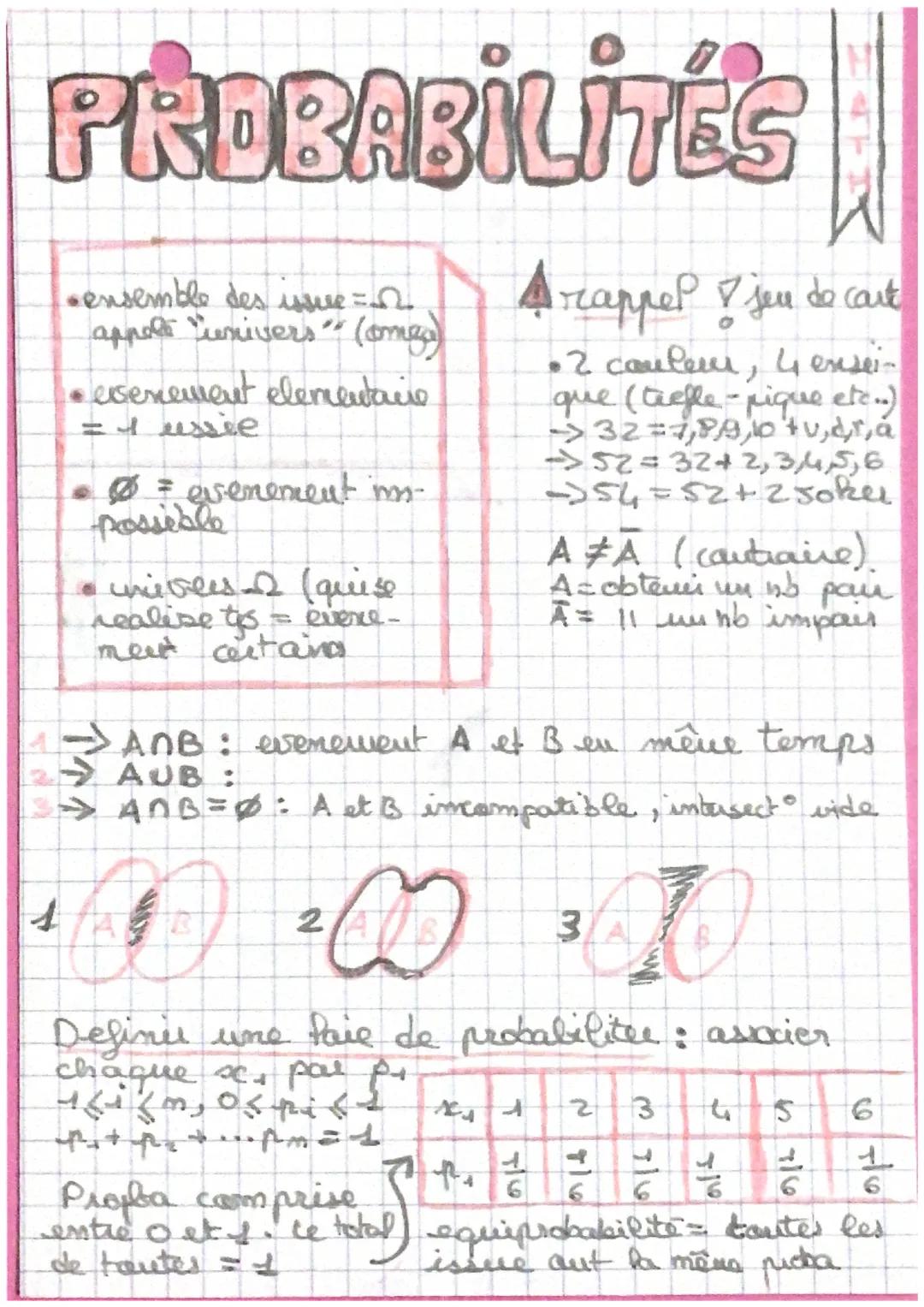 # PROBABILITÉS

*   ensemble des issue=$\\Omega$
    appels "univers" (omes)
*   evenement elementacio
    = 1 ussie
*   $\\varnothing$ = ev