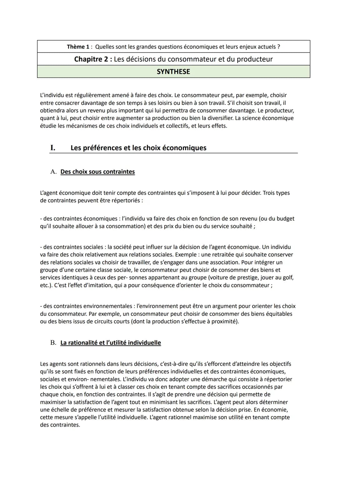 Thème 1: Quelles sont les grandes questions économiques et leurs enjeux actuels ?
Chapitre 2 : Les décisions du consommateur et du producteu