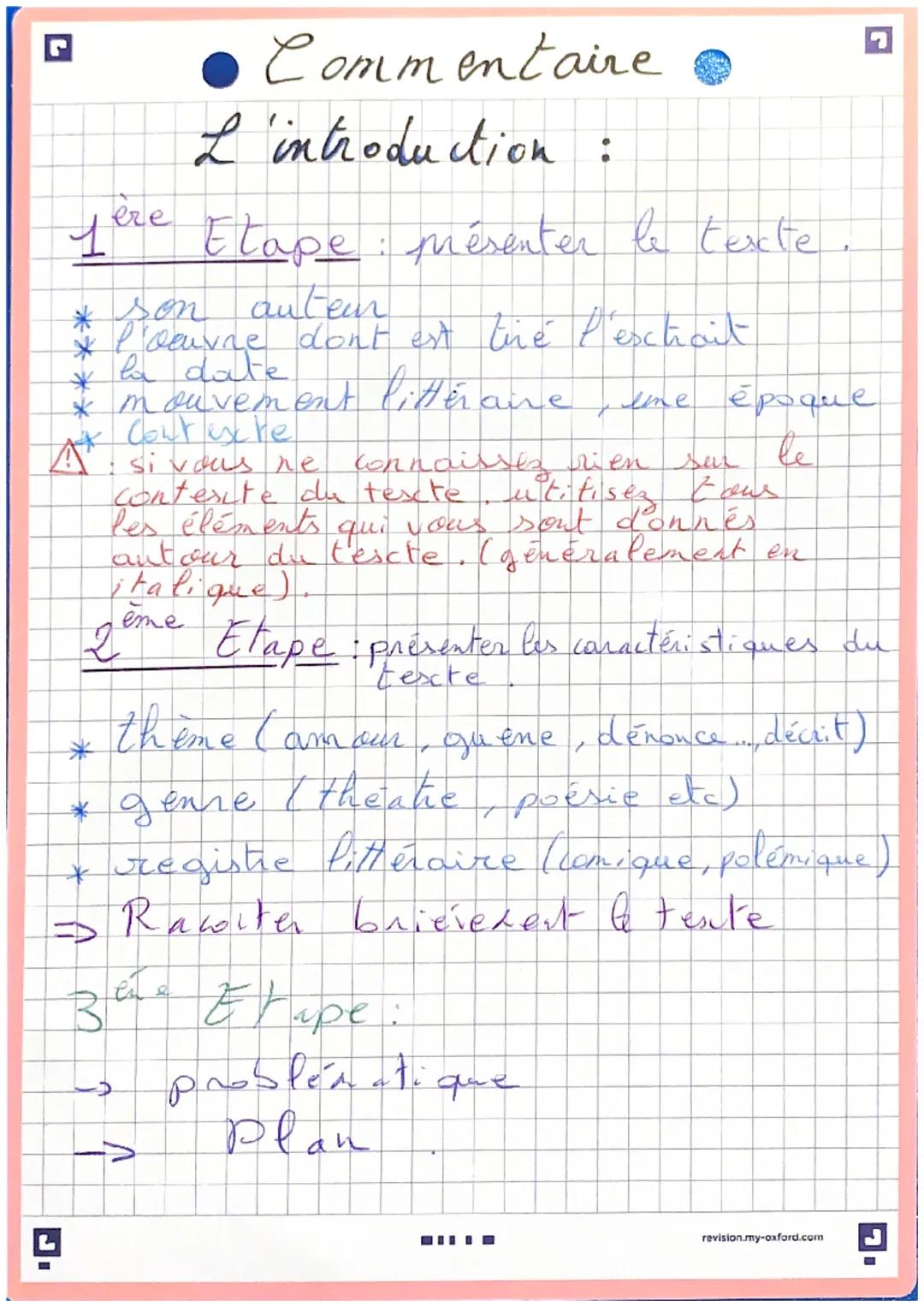 - • Commentaire
- L'introduction :
- 1ère Etape: présenter le texte.
  * son auten
  *l'oeuvre dont est tiré l'escthait
  * la date
  * mouv
