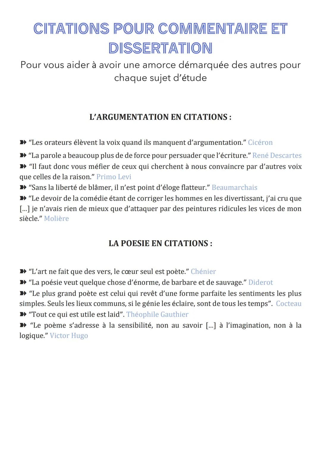 CITATIONS POUR COMMENTAIRE ET
DISSERTATION
Pour vous aider à avoir une amorce démarquée des autres pour
chaque sujet d'étude
L'ARGUMENTATION