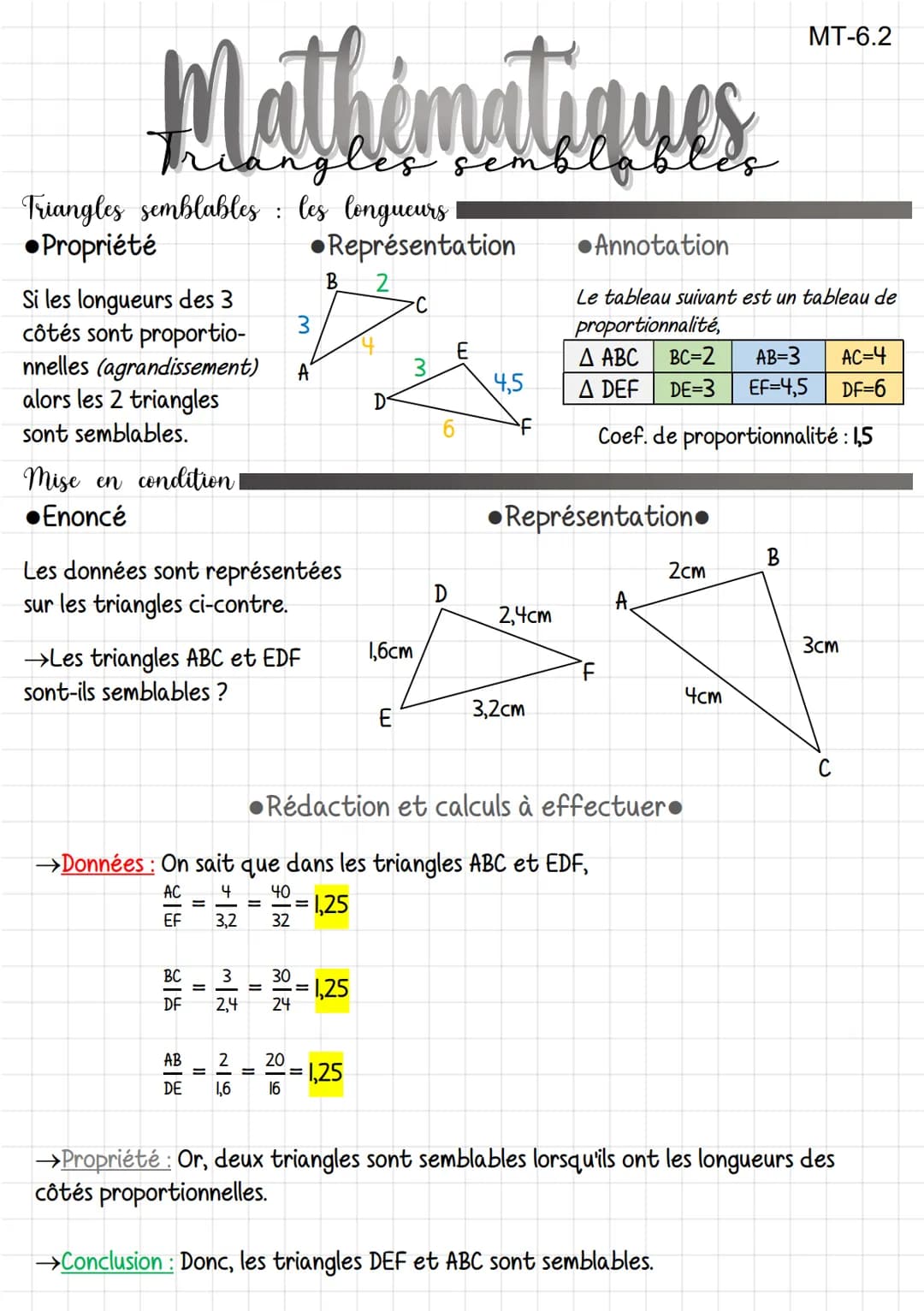 Mathématiques.
Triangles semblables : les longueurs
●Propriété
Si les longueurs des 3
côtés sont proportio-
nnelles (agrandissement)
alors l
