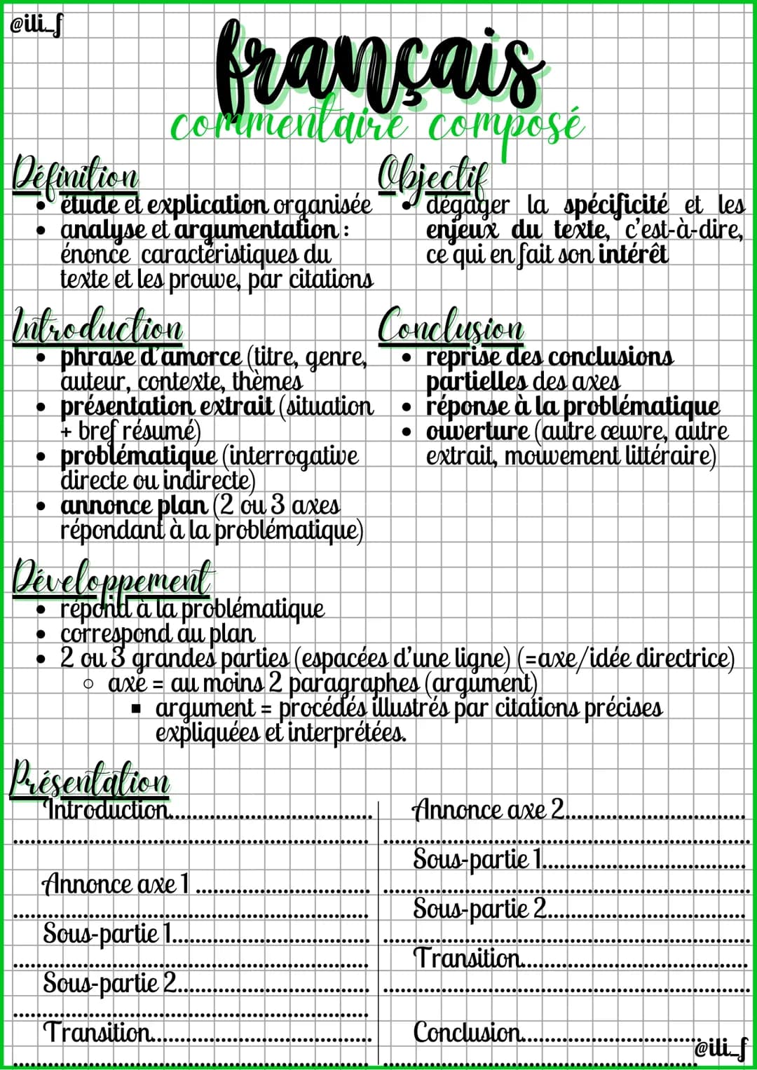@ili_f
Definition
français
commentaire composé
Objectif
étude et explication organisée
analyse et argumentation:
énonce caractéristiques du
