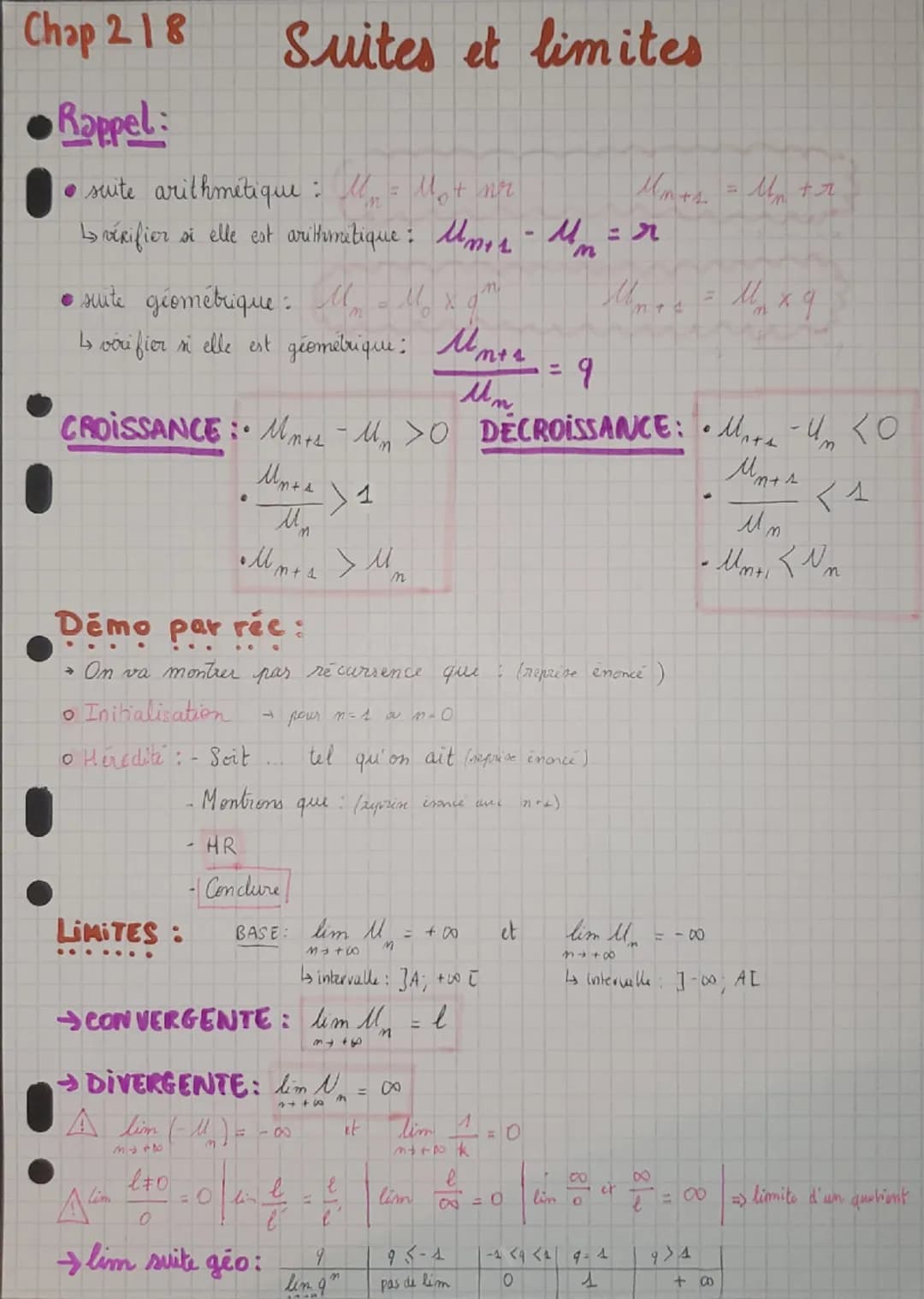 Chap 218
Rappel
Suites et limites
• suite arithmétique: M = M + nr
↳ vérifier si elle est arithmétique: Umor - M = r
m
Mm+s = Mm+r
=
Mxq
• s