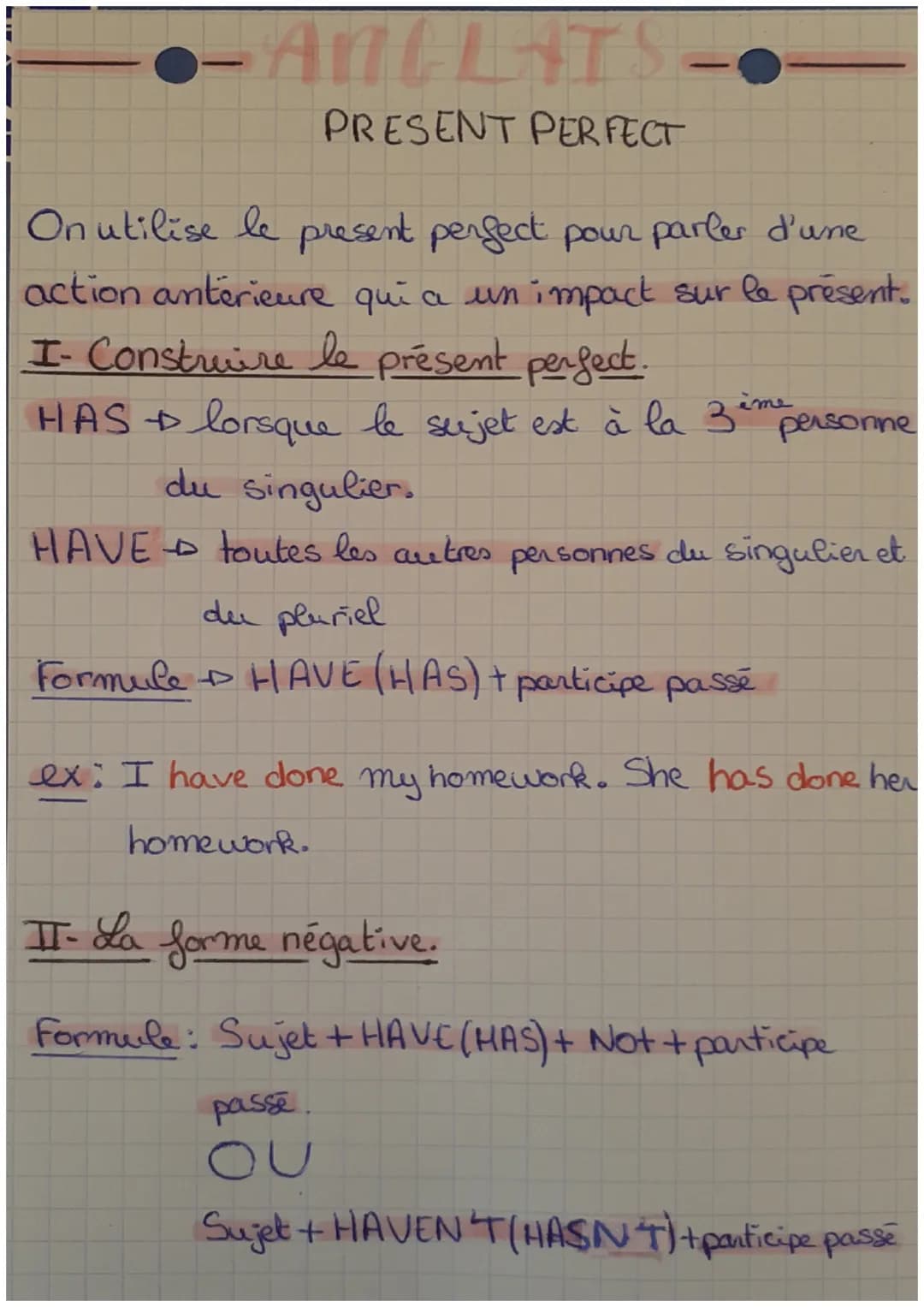 -ANGLAIS-
PRESENT PERFECT
On utilise le present perfect pour parler d'une
action antérieure qui a un impact sur le présent.
I- Construire le