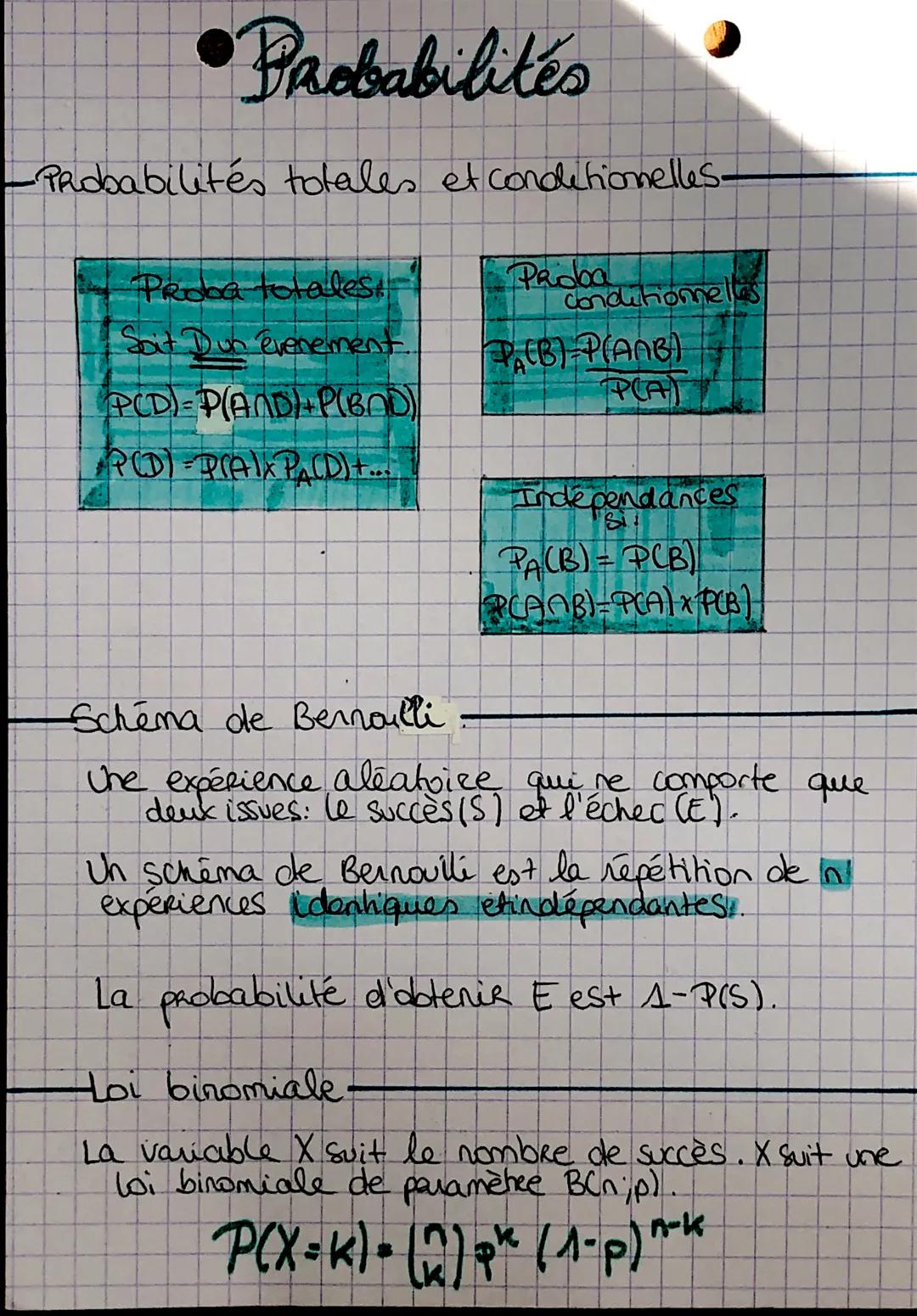 # Probabilités

-Probabilités totales et conditionelles-

Proba totales
Soit Dun évenement.
$P(D)=P(AND)+P(BND)$
$P(D)=P(AIX P_A(D)...$

Pro