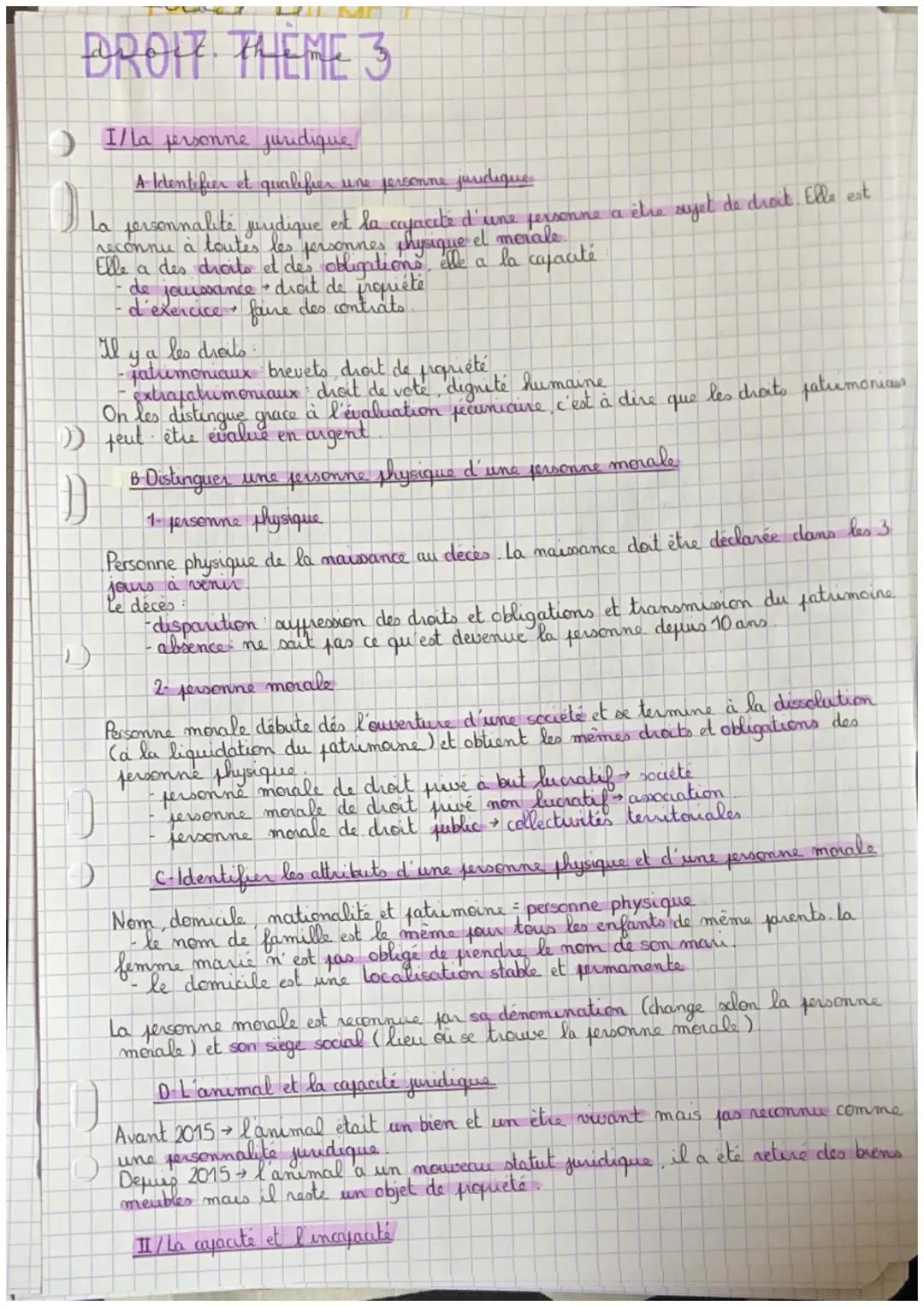 DROIT THEME 3
- Illa personne juridique.
A Identifier et qualifier une personne juridique
reconnu à toutes les personnes physique el morale.